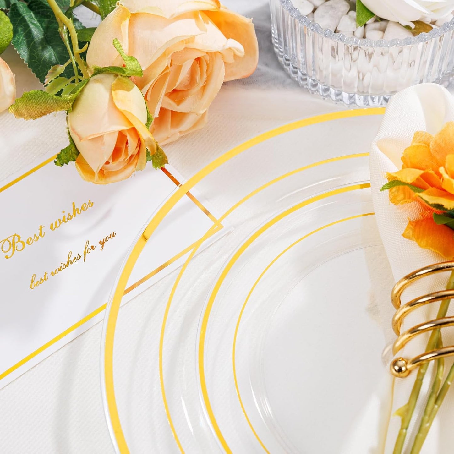 I00000 102 Pcs Clear Gold Plastic Plates - Disposable Party Plates, Gold Disposable Include 51 Dinner Plates and 51 Dessert Plates, Plastic Plates for Party, Holiday, Wedding & Birthday