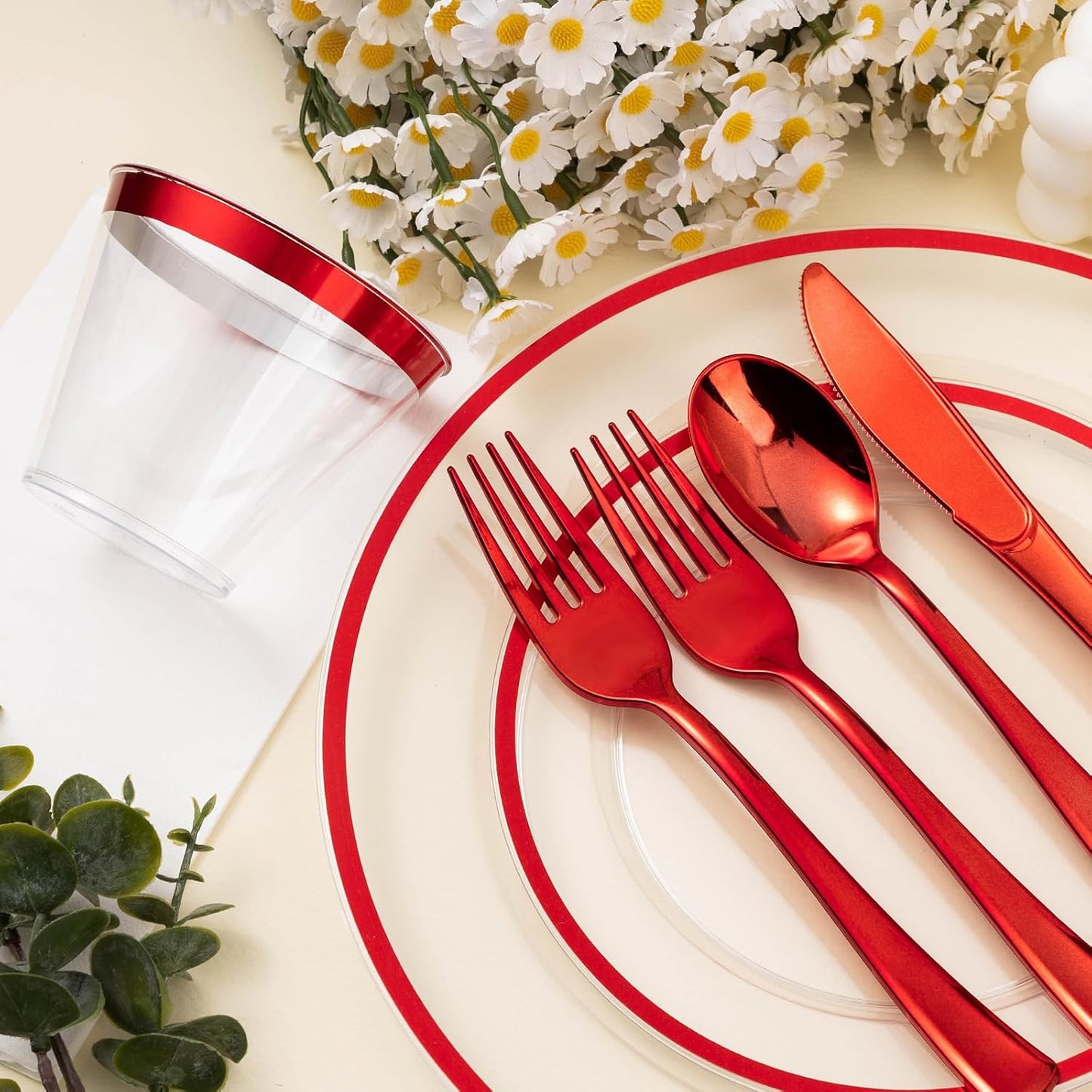 350PCS Red and Clear Plastic Dinnerware Sets for 50 Guests, Include 100 Red Disposable Party Plates, 100 Forks, 50 Knives, 50 Spoons, 50 Cups,christmas party supplies