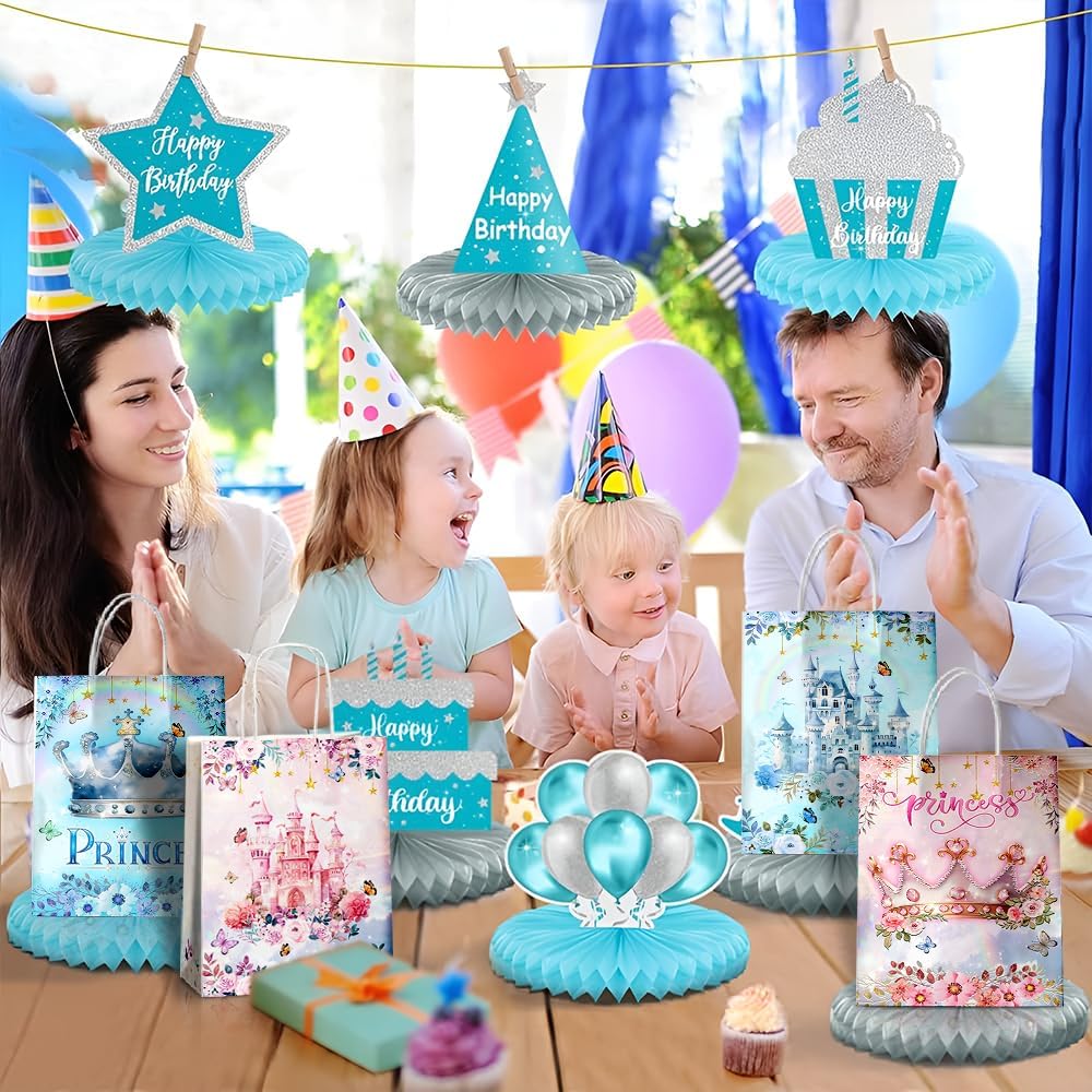 24 Pcs Princess Prince Party Favor Bags with Handles - Prince Princess Castle Goodie Gift Candy Treat Paper Bags for Birthday Gender Reveal Baby Shower Party