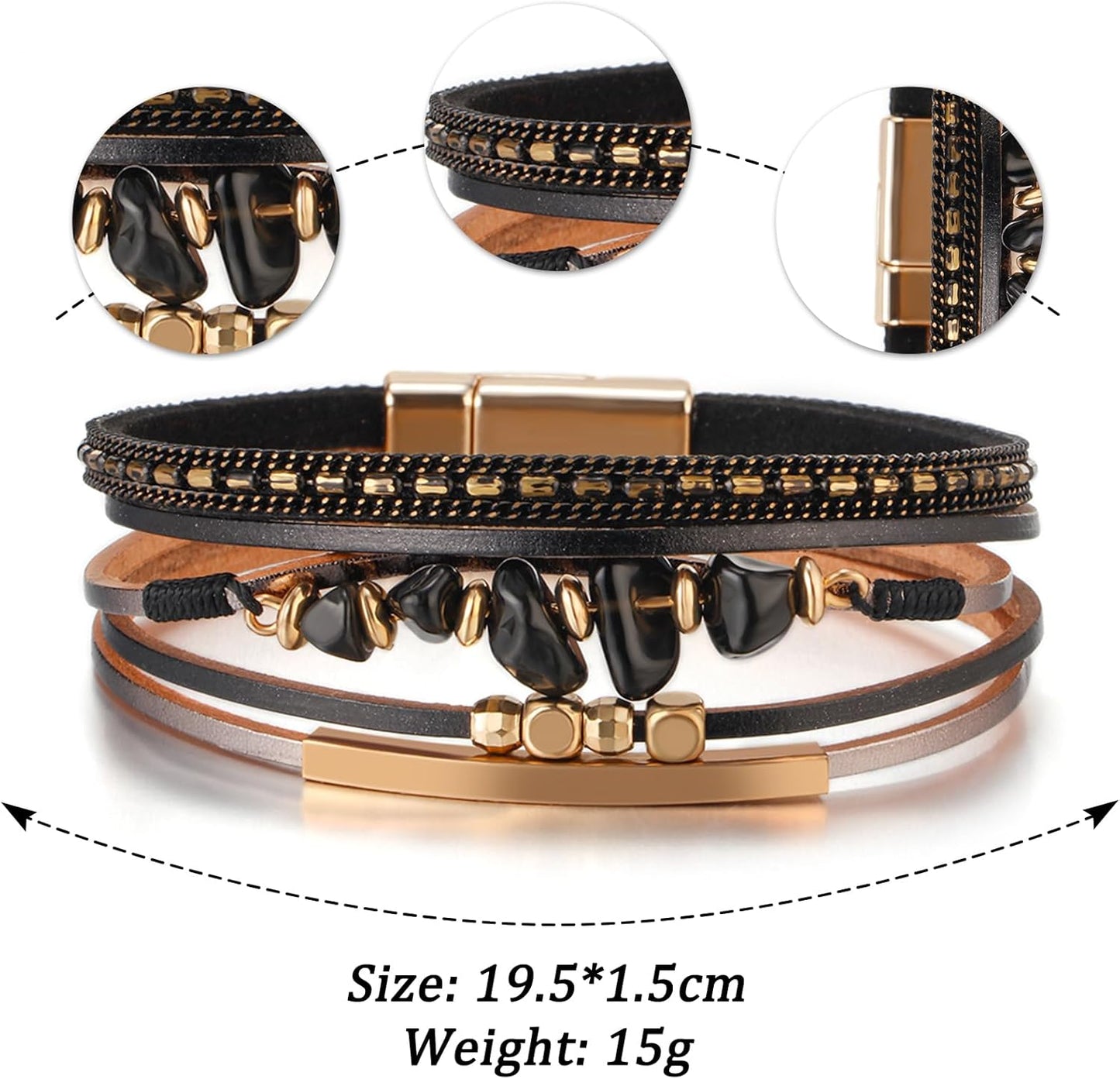 Fesciory Leather Wrap Bracelets for Women, Boho Leopard Multi-Layer Crystal Beads Cuff Bracelet Jewelry