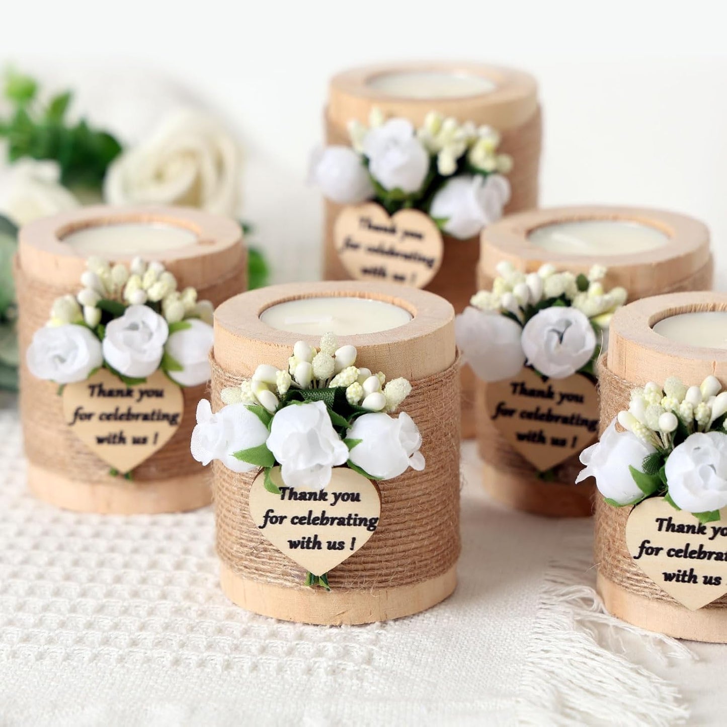12 pcs Handmade White Rose Wood Tealight Candle Holder,Bridal Shower Tealight Holder Thank You Gifts, Wedding Favors for Guests, Wooden Cylinder Candle Holders for Table Centerpiece