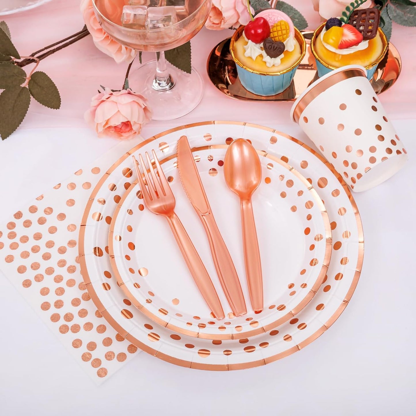Supernal 350pcs Rose Gold Party Supplies,Plates and Napkins Sets,Happy Birthday Plate, Party Supplies Plates, Cups, Spoons, Fork, Napkins,Rose Gold Plastic Silverware for Wedding Birthday Decorations