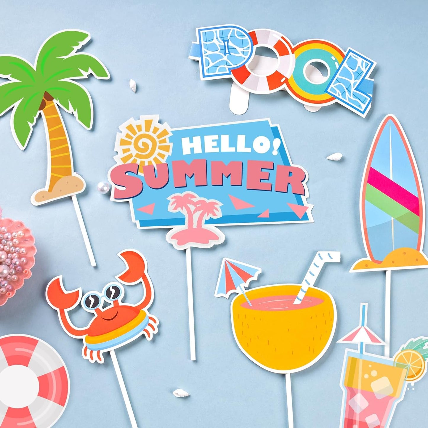 SUNBEAUTY 25 Pcs Beach Photo Booth Props Summer Party Decorations Beach Party Decorations Beach Decorations Pool,Hawaiian,Luau Photo Booth Props