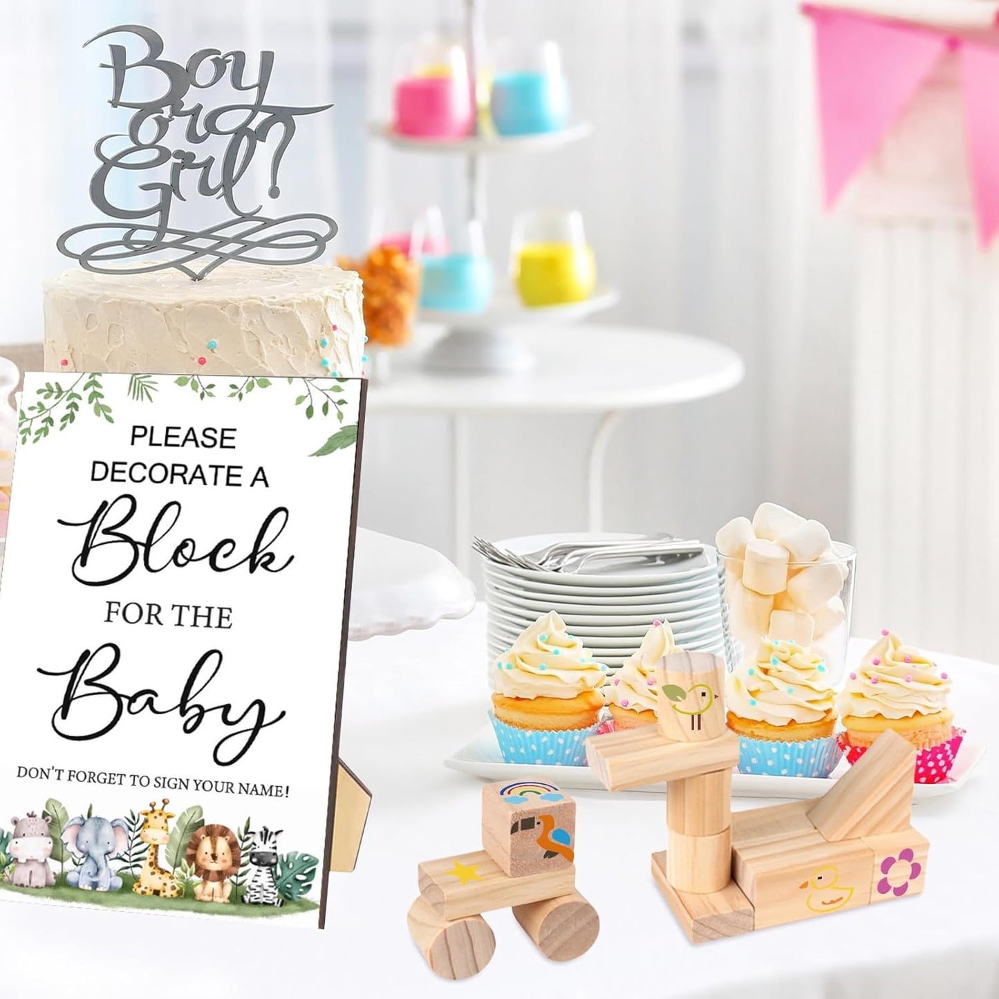 141 Pcs Baby Shower Game Sign Set Includes Decorative Square Signs 100 DIY Blank Wooden Blocks 20 Paint Markers(Animal)