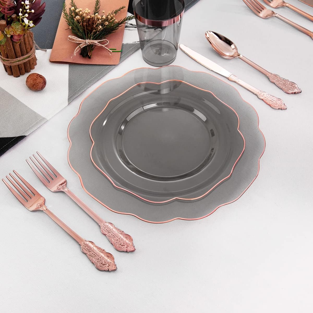 BUCLA 30Guests Clear Black Plastic Plates With Rose Gold Silverware & Cups - Rose Gold Rim Plastic Dinnerware Ideal for Party, Halloween & New Year