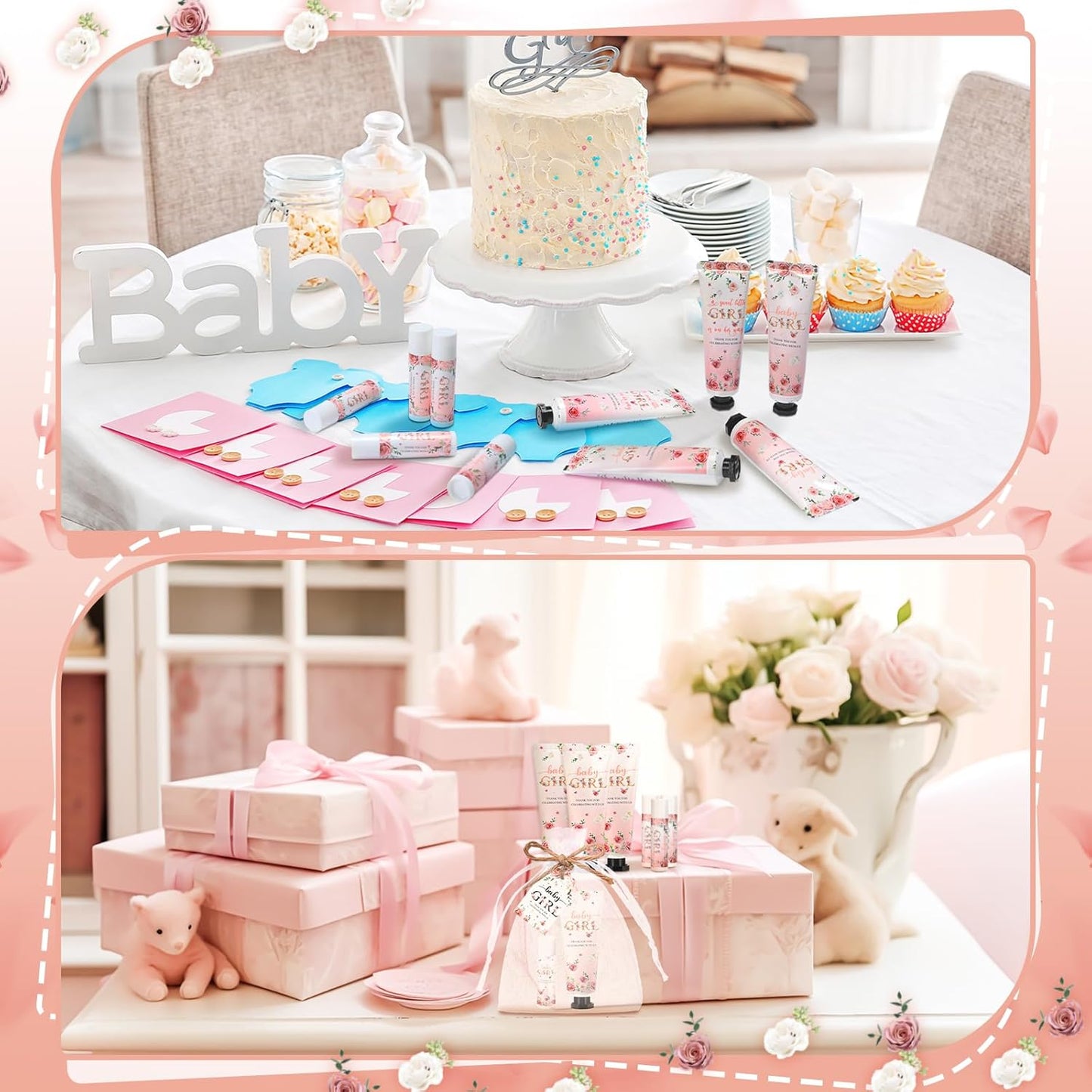 48 Sets 192 Pcs Baby Shower Gifts for Guests Include 48 Hand Cream and 48 Lip Balm Bulk Baby Girl Bridal Shower Party Favors Wedding Thank You Gift for Guests with Card Organza Bag Travel Size