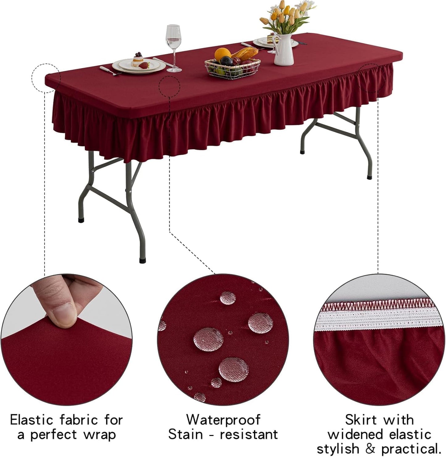 6ft Wine Red Stretch Tablecloth for Rectangular Tables - Flared Wrap Design, Waterproof, Wrinkle-Resistant, Washable - Ideal for Weddings, Parties, Banquets & Table Protection