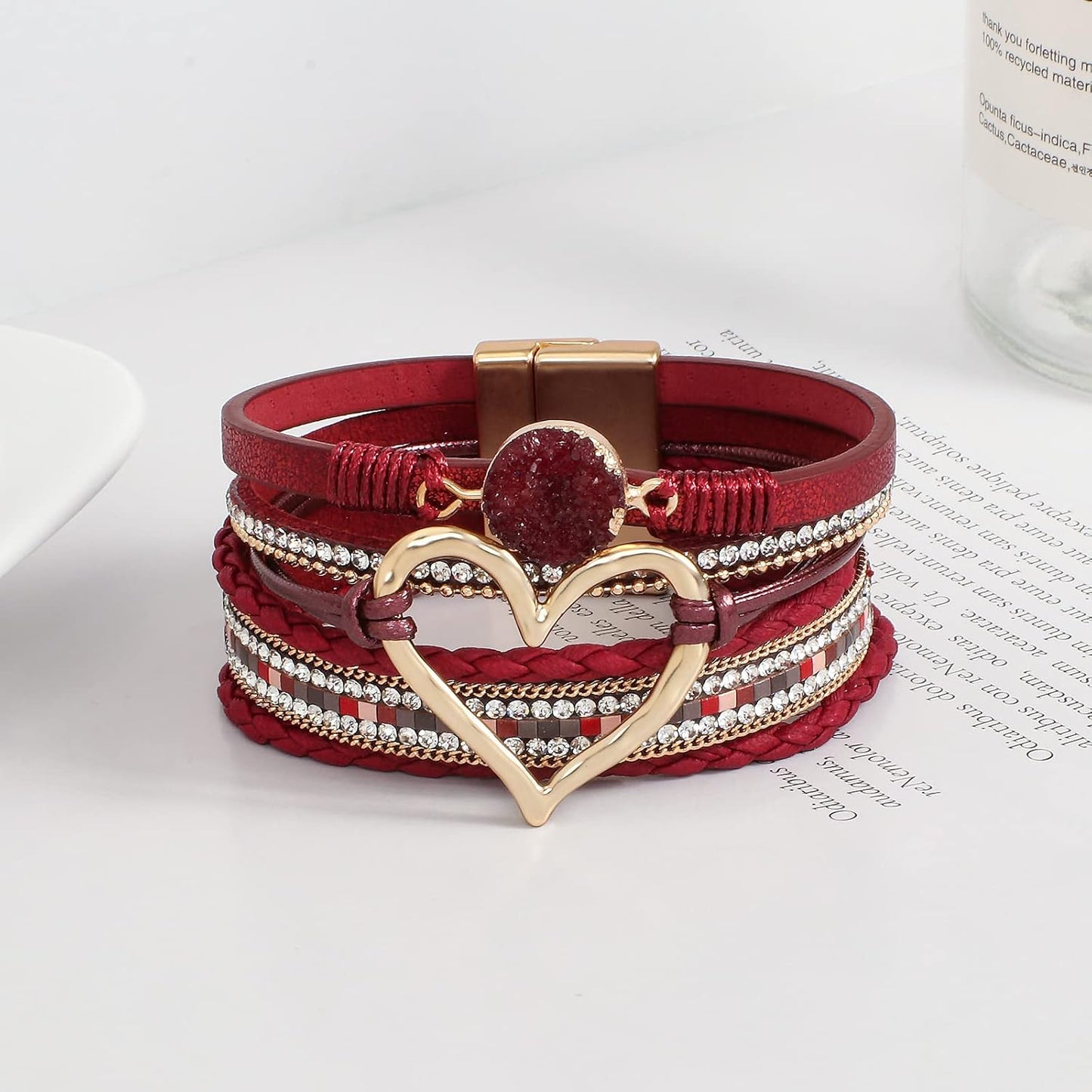 Leather Wrap Bracelet for Women Beaded Cuff Bracelet with Heart-shape Decor Bohemian Crystal Bracelet Jewelry with Clasp Bangle Bracelet for Women Girls Birthday Holiday Gift