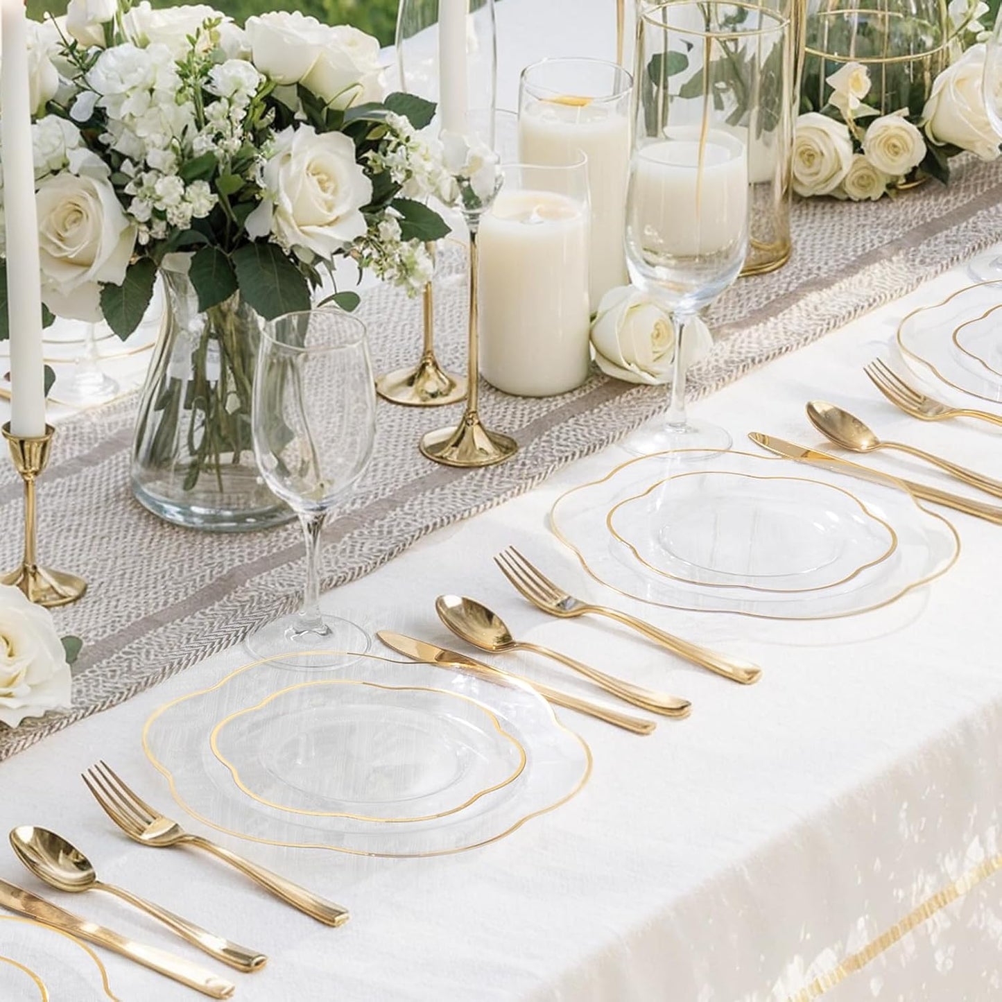 Liacere 100PCS Clear Plastic Plates - Clear and Gold Disposable Dinner Plates - 10inch Heavy Duty Gold Dinner Plates, Perfect for Wedding & Party & Holiday & Fall & Thanksgiving