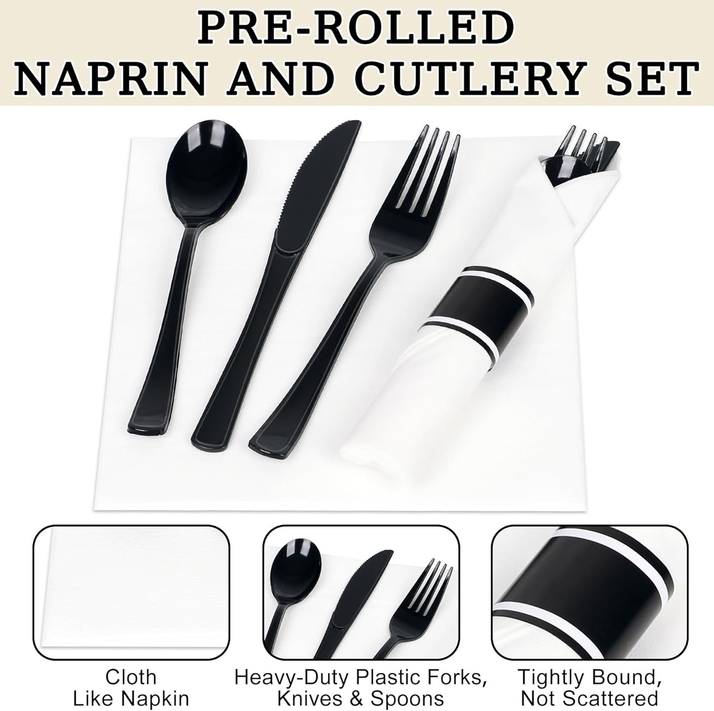 50 Pack Pre Rolled Black Plastic Silverware Set,Wrapped Plastic Cutlery Set with Napkin Include 50 Forks,50 Spoons,50 Knives and 50 White Napkins for Party,Wedding