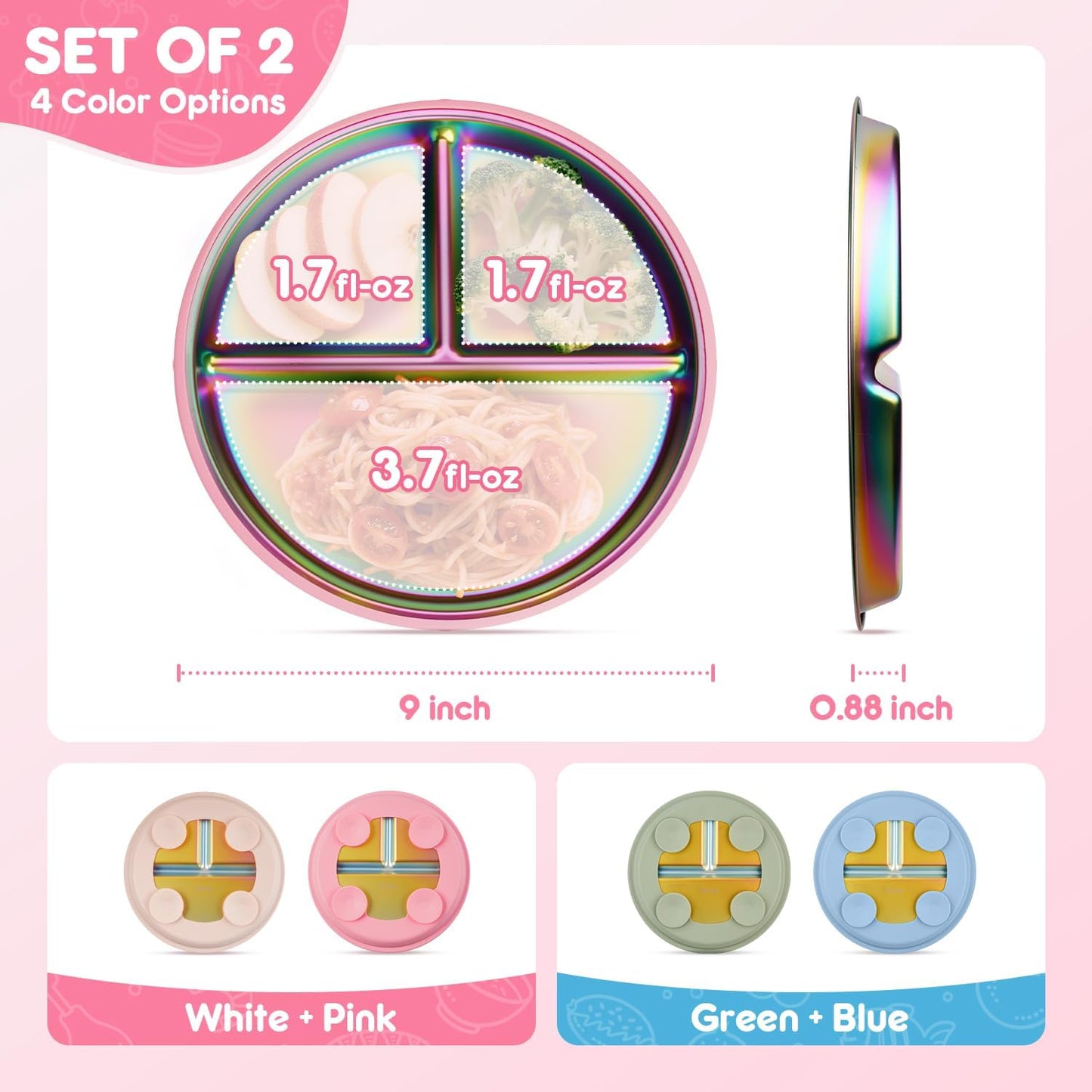 Stainless Steel Kids Plates with Suction, 9" BPA-Free Rainbow Toddler Plates 2pcs with Removable Food-Grade Silicone Base, Divided Baby Plates Dishwasher Safe, Pink & White
