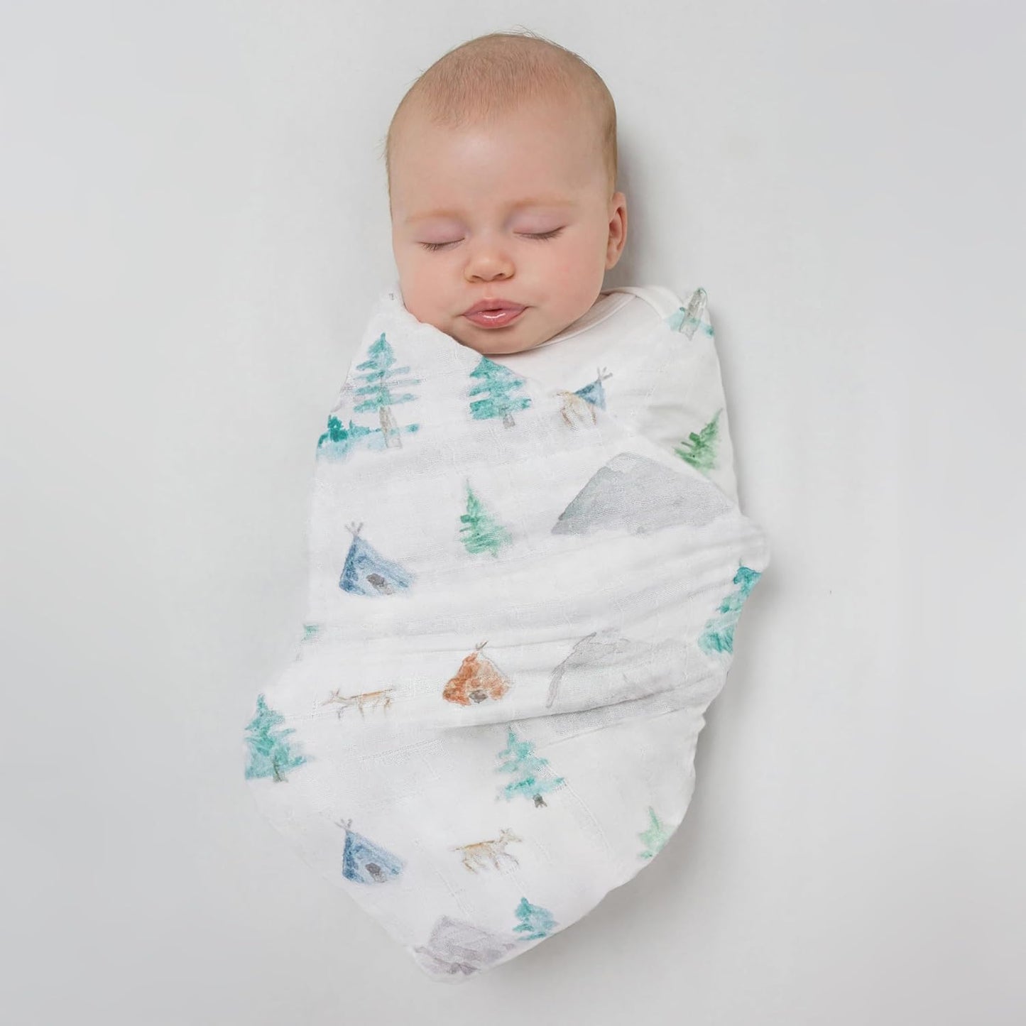 SwaddleDesigns Cotton Muslin Swaddle Blankets for Baby Boy & Baby Girl, Set of 4, Neutral Receiving Blankets for Newborn, Baby Registry & Gift, 46x46 inches, Watercolor Mountains & Trees