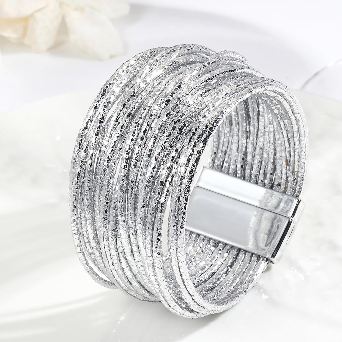 Fesciory Leopard Bracelet for Women, Boho Leather Wrap Multi-Layer Pearl Crystal Bracelet Bangle Jewelry