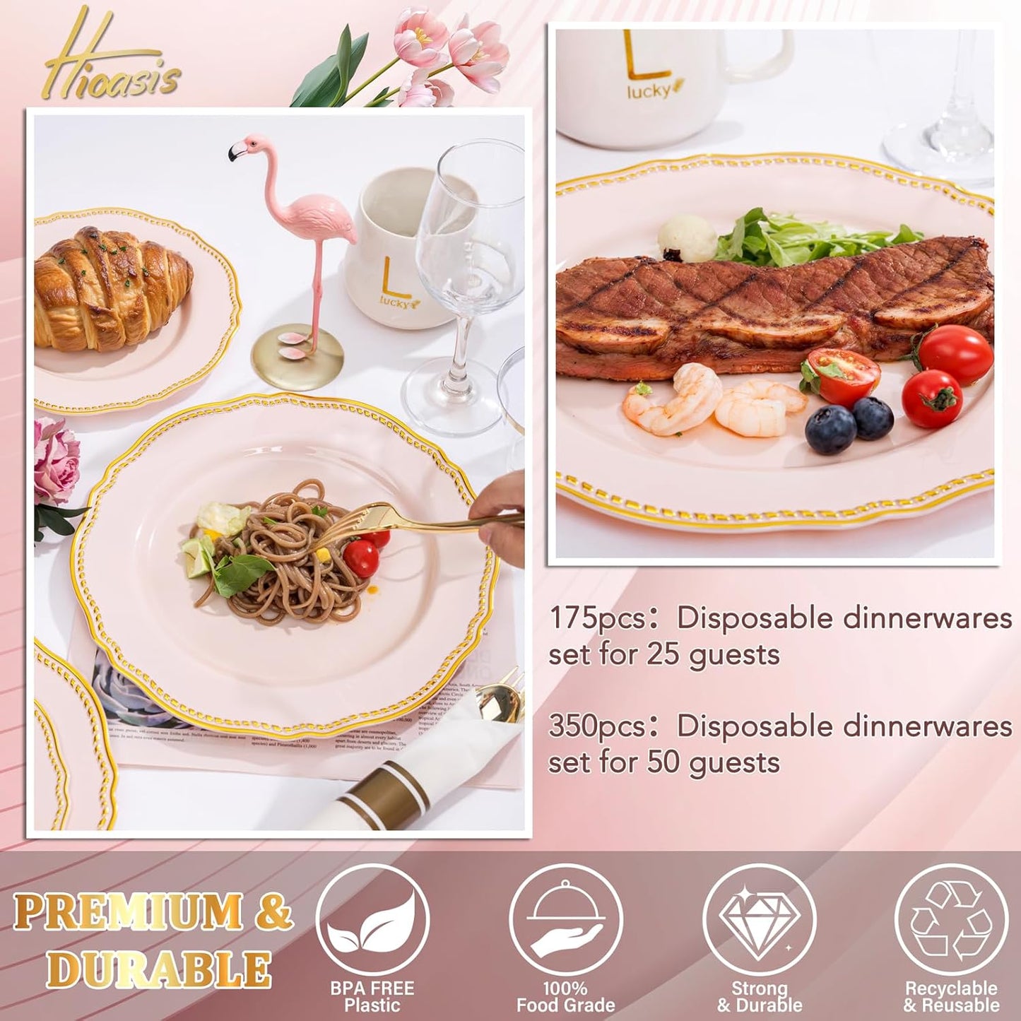 Hioasis 350pcs Pink and gold Plastic Plates - Pink Plastic Dinnerware Set Includes 50 Dinner Plates, 50 Dessert Dinnerware, 50 Cups, 50 Rolled Napkin Cutlery Perfect for Wedding & Party