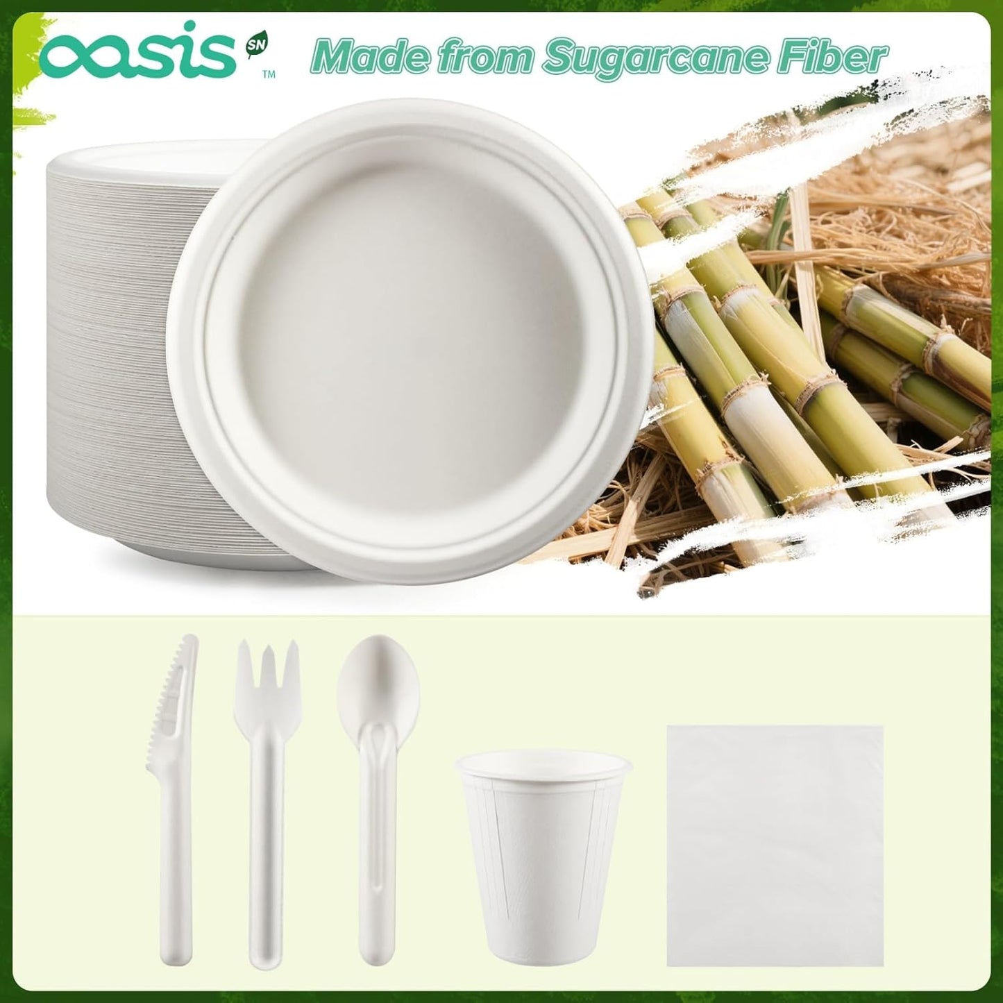 300PCS Disposable Paper Dinnerware Set for 50 Guests, Compostable 50 6โ Dessert Plates, 50 9โ Plates, 50 Spoons, 50 Forks, 50 Knives and 50 Napkins, Perfect for Gatherings, Parties (White)