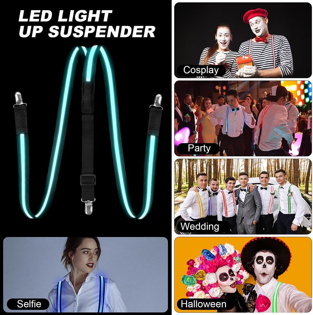 Ainiv Light Up Neckties Bowties Suspenders LED Party Supplies Glow in the Dark Adjustable for Women and Men Parties