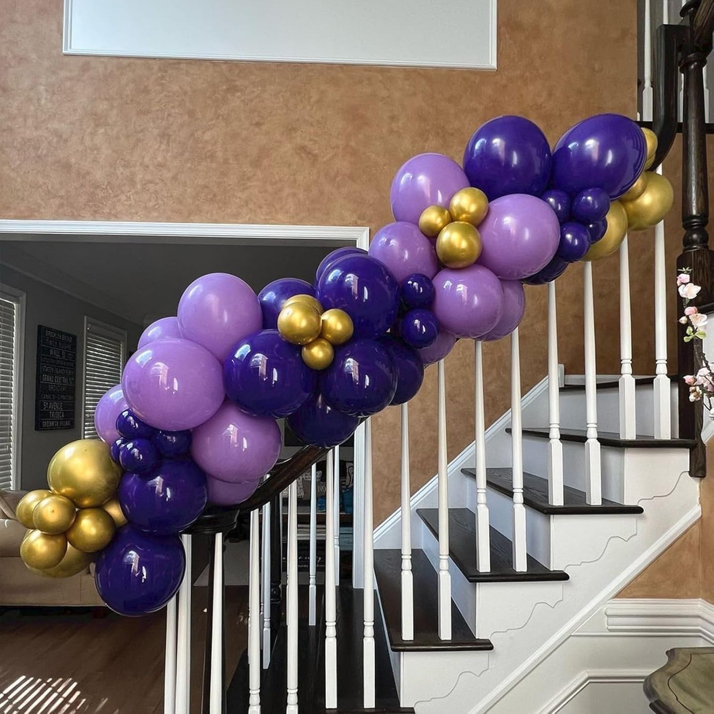 Purple and Gold Balloons, 60 Packs 12 Inch Dark Purple and Gold Confetti Metallic Party Balloons with Ribbons for Girls Women Birthday, Wedding, Graduation Decoration