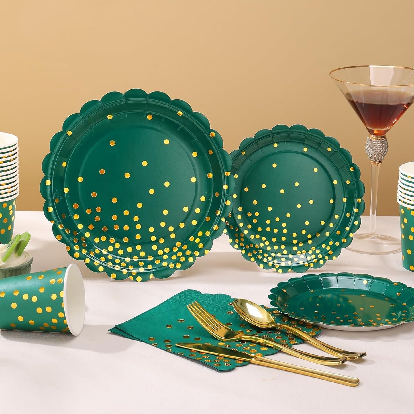 175Pcs Green and Gold Party Decoration - Green Plates and Napkins Party Supplies - Scalloped Paper Plates for Birthday Graduation Decorations, Serve 25 Guests
