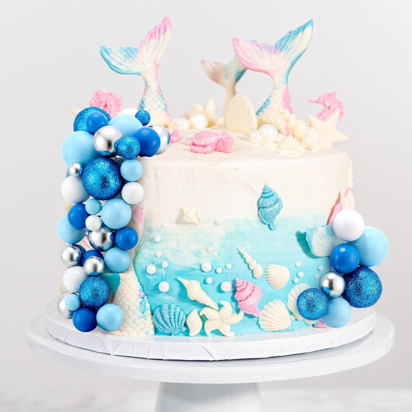 Tondiamo 108 Pcs Balls Cake Topper DIY Cupcake Insert Foam Balloons for Cake Baking Wedding Anniversary Birthday Decoration (Blue White Silver,Multi Sizes)