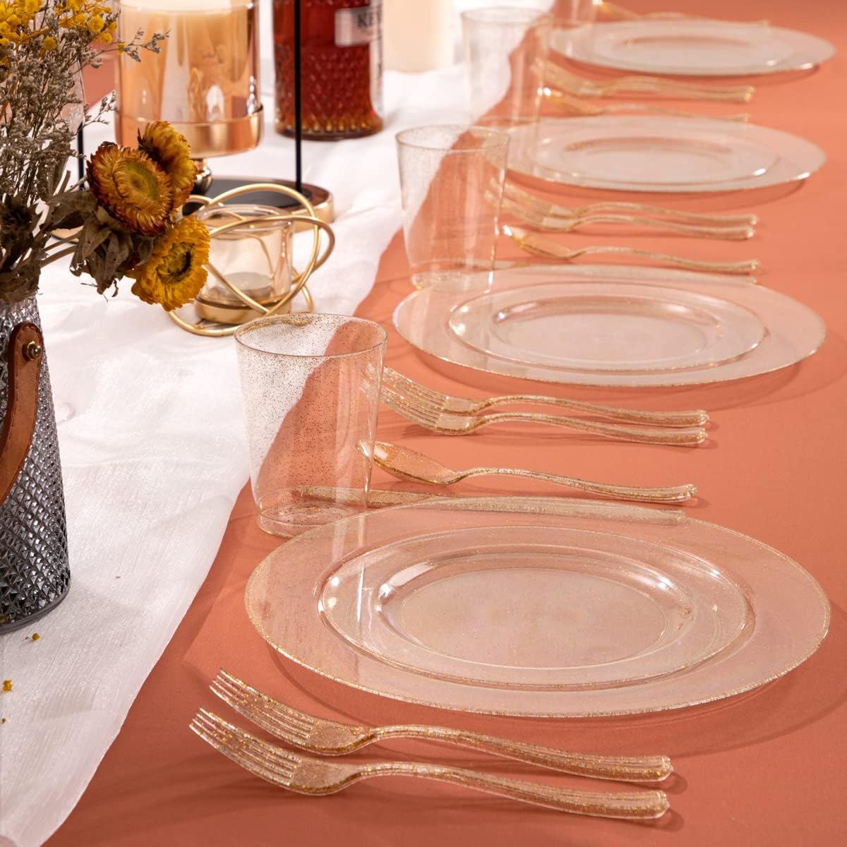 I00000 102PCS Gold Glitter Plastic Plates, Gold Glitter Disposable Plates Clear Plastic Party Plate Include 51 Dinner Plate 10.25" and 51 Dessert Plate 7.5" for Parties &Wedding
