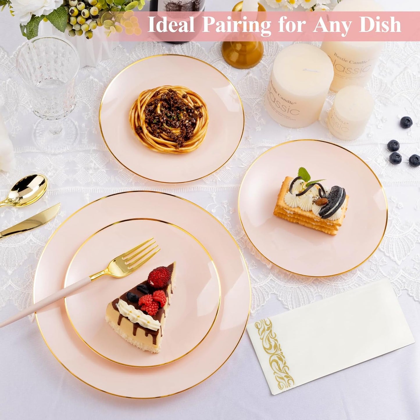 350 Pieces Pink Gold Plastic Dinnerware Set, Gold Disposable Plates for Party, Graduation, Include 100 Pink Plates with 150 Plastic Cutlery, 50 Napkins and 50 Cups