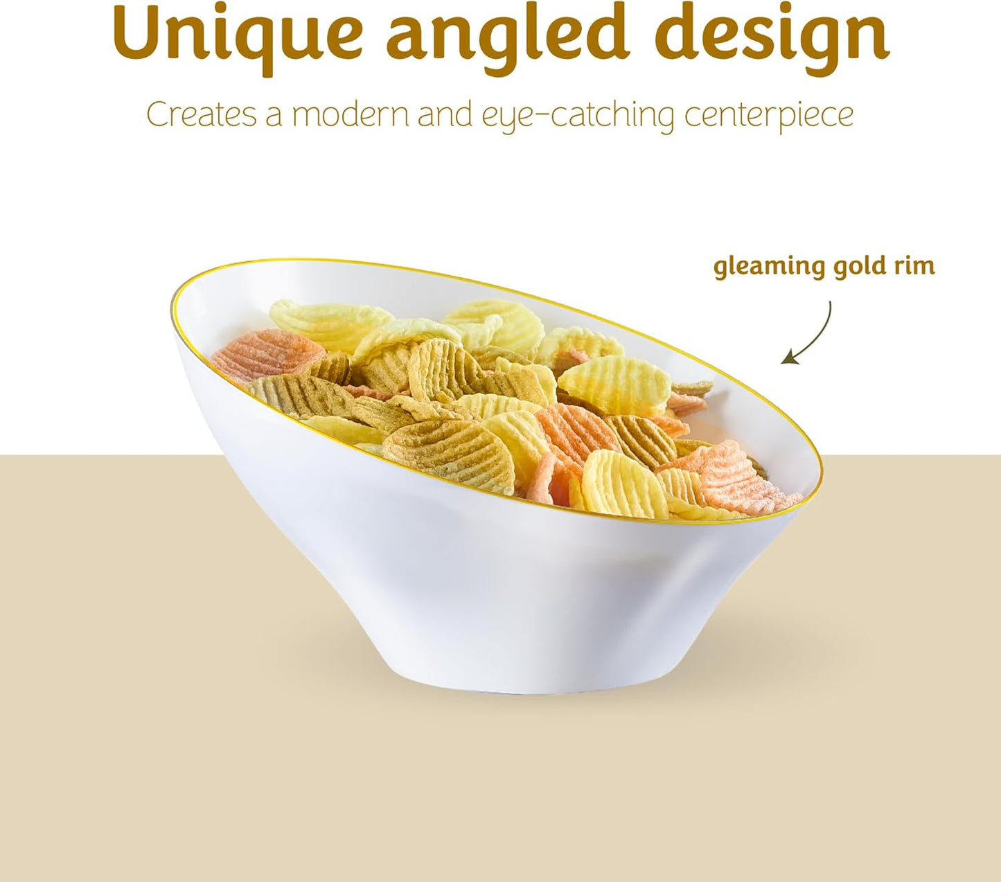 PLASTICPRO Angled Plastic Bowls Disposable Medium Plastic White Serving Bowls with Gold Rim for Party for Appetizer Salads Pack of 4