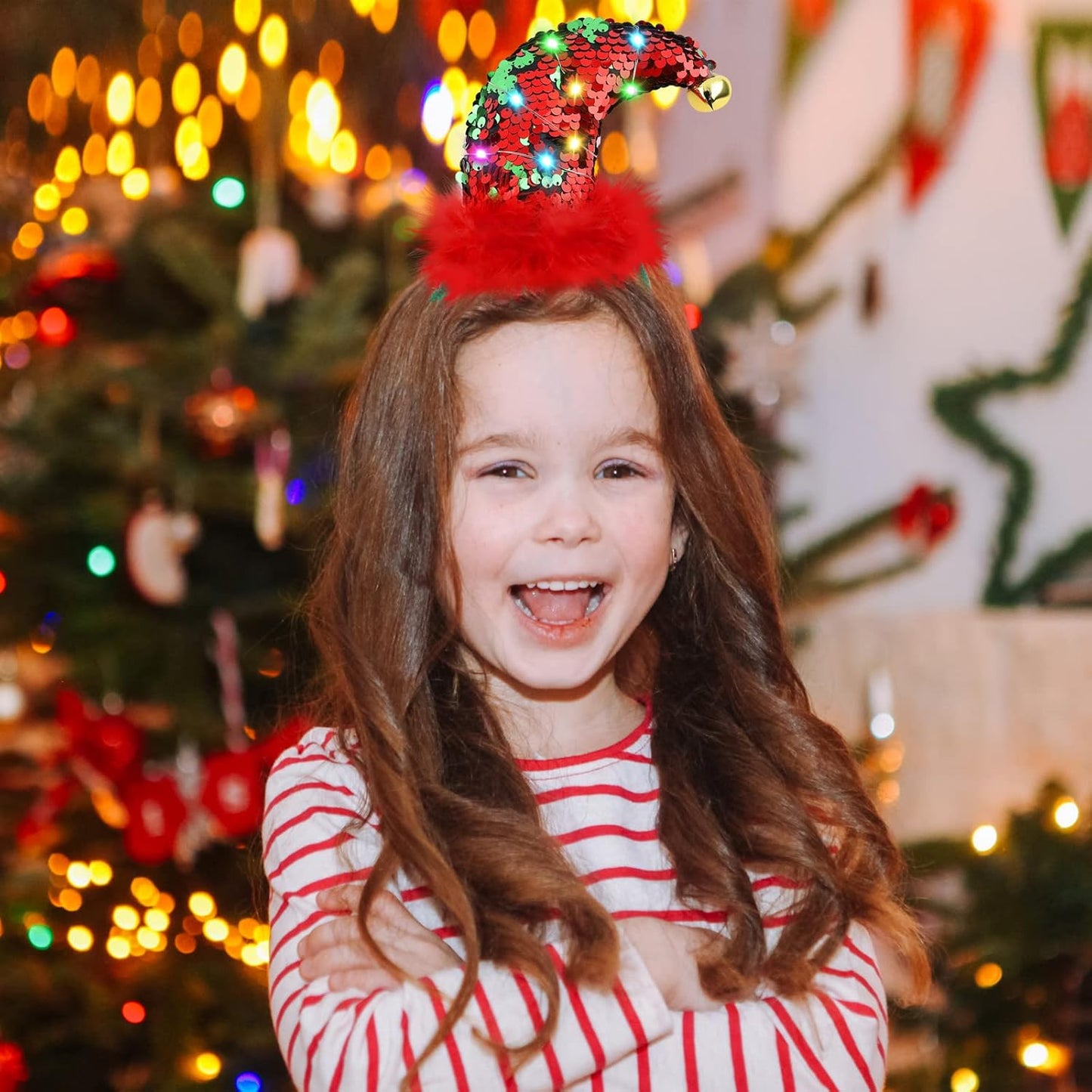 Aneco 3 Pieces Christmas Headbands Christmas Head Boppers with LED Lights Reindeer Antler Santa Elves Headbands, Assorted Styles for Xmas Party, Holiday Favors