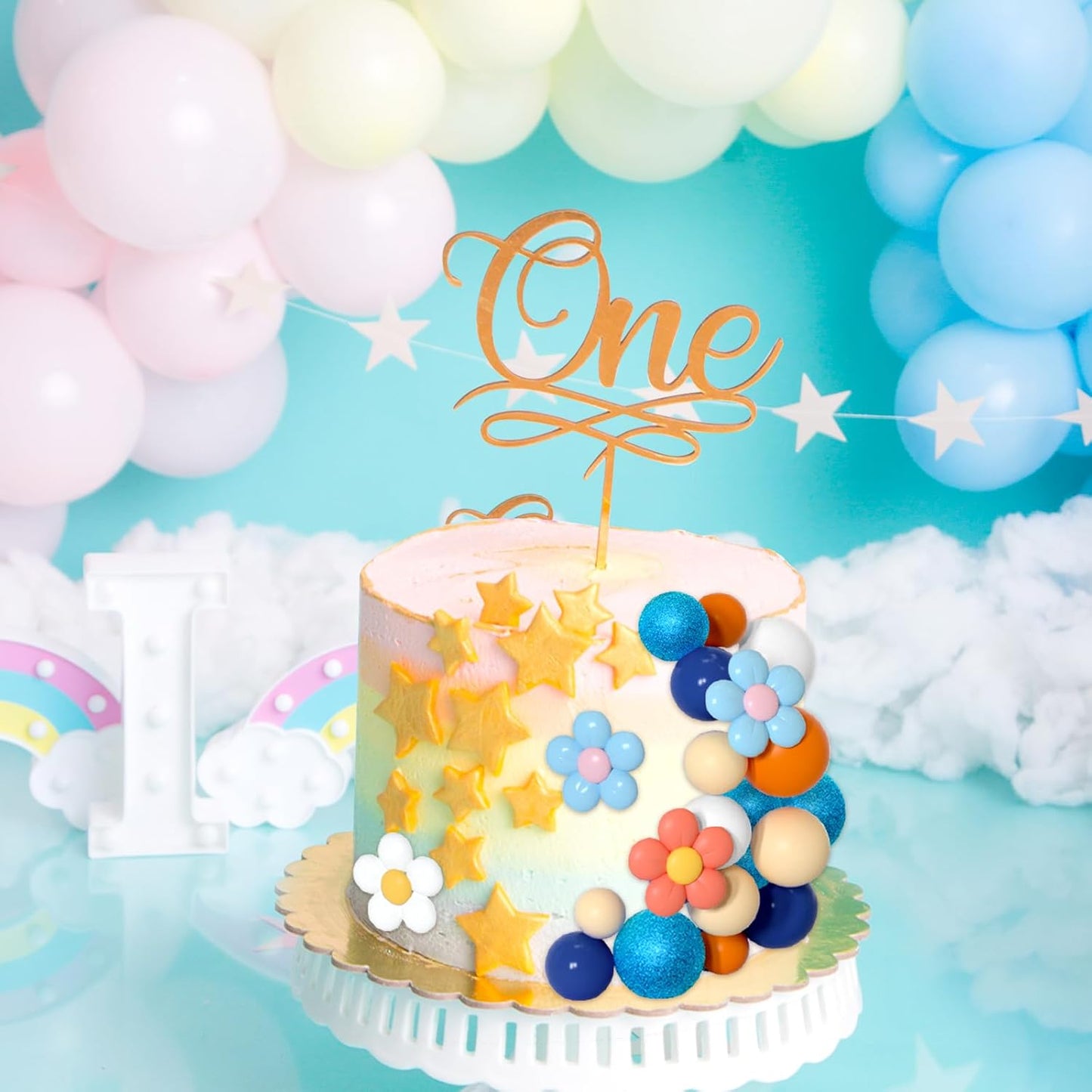 61 Pcs Boho Cake Topper Balls Decorations Mini Balloon Cake Topper Retro Hippie Daisy Flower Acrylic Ball Cake for Birthday Party Wedding Rainbow Baby Shower (Blue Orange)