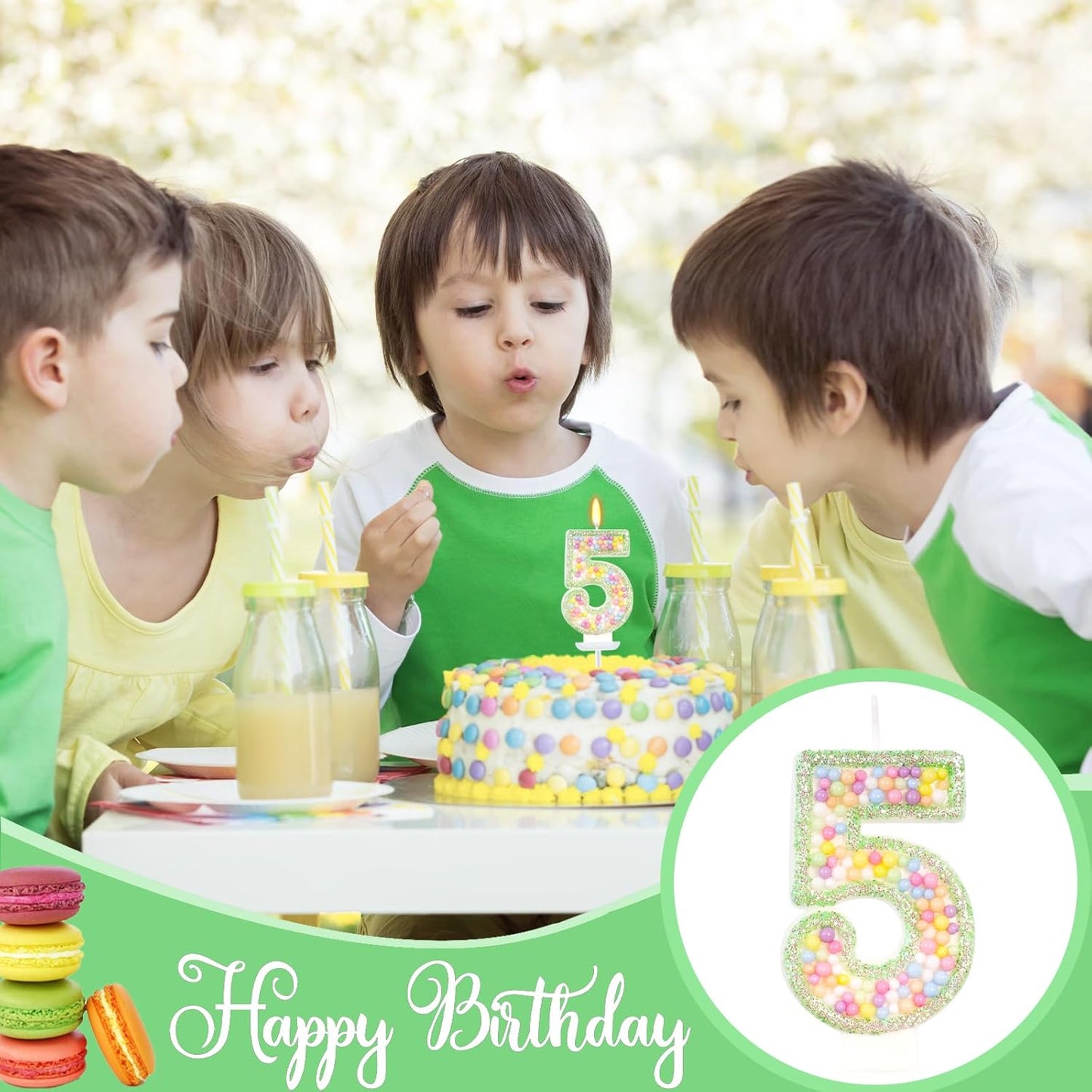 Birthday Candles - Number 5 Candle, Colorful Macaron Candles for Boys/Girls, Green Cake Decorations, Music Game Themed Party Supplies
