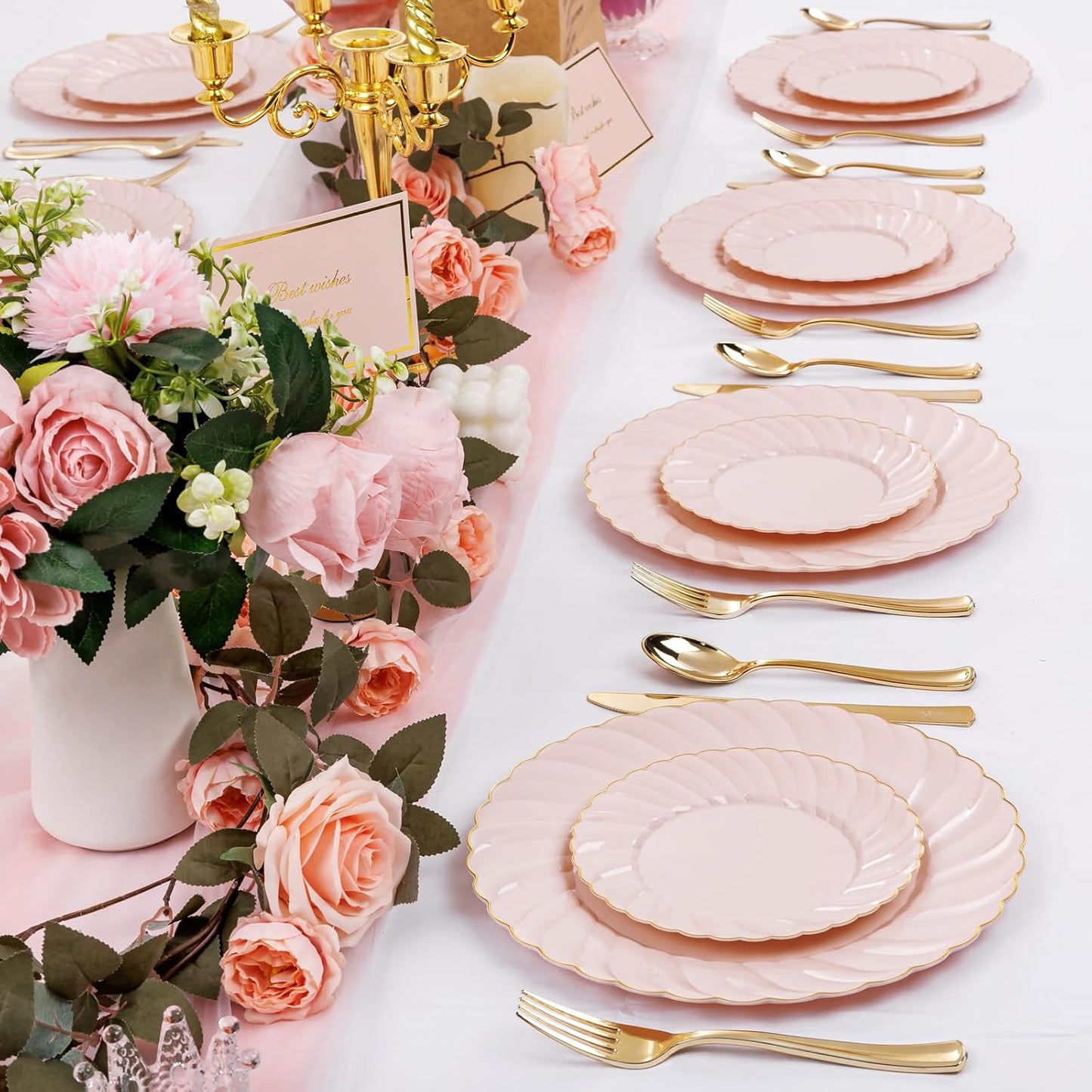 YOUBET 125Piece Pink Plastic Plates with Gold Rim – Scalloped Plastic Plates Set Includes 25 Dinner, 25 Dessert Plate, 75 Gold Silverware for 25Geusts for Wedding Birthday Parties & Baby Shower