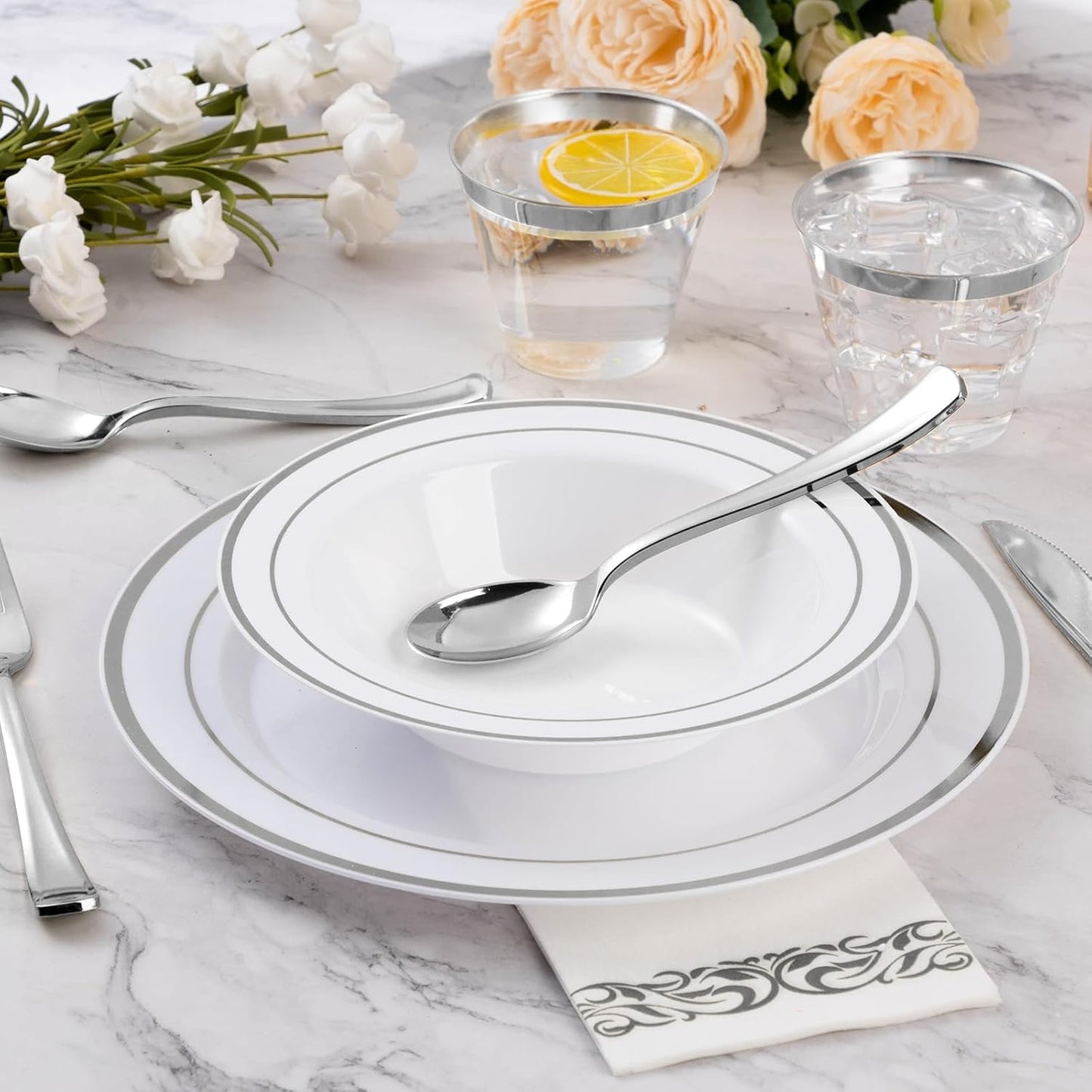 Goodluck 100 Pack Plastic Bowls with Silver Rim, 12oz Disposable Soup Bowls, Heavy Duty Dessert Bowls for Weddings, Parties, Dinners, Catering, and Everyday Use