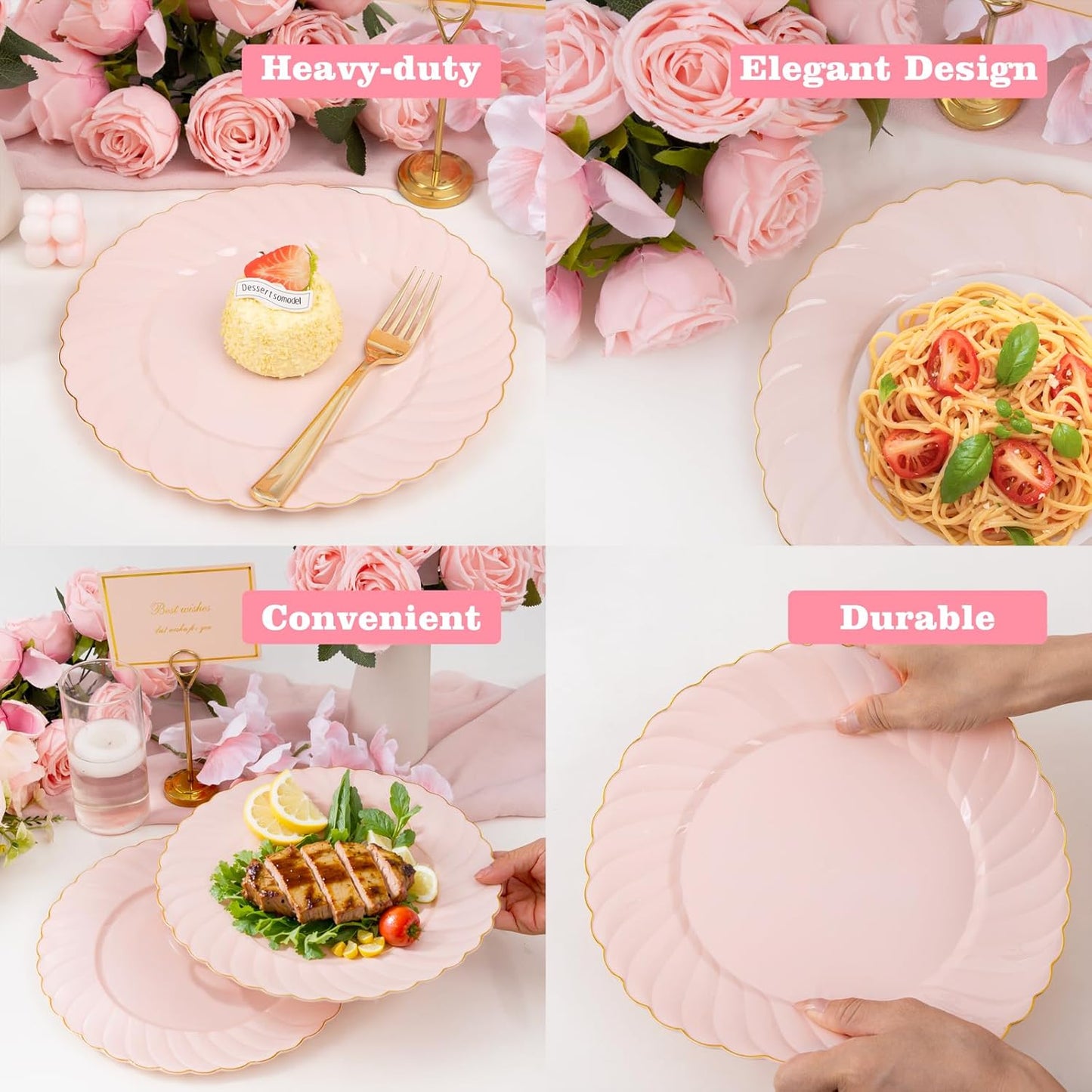 YOUBET 50 Pack Pink Scalloped Plastic Plates - 10.25 Inch Pink Disposable Plates - High End Elegant Vintage Dinner Plate for Party & Weeding & Birthday