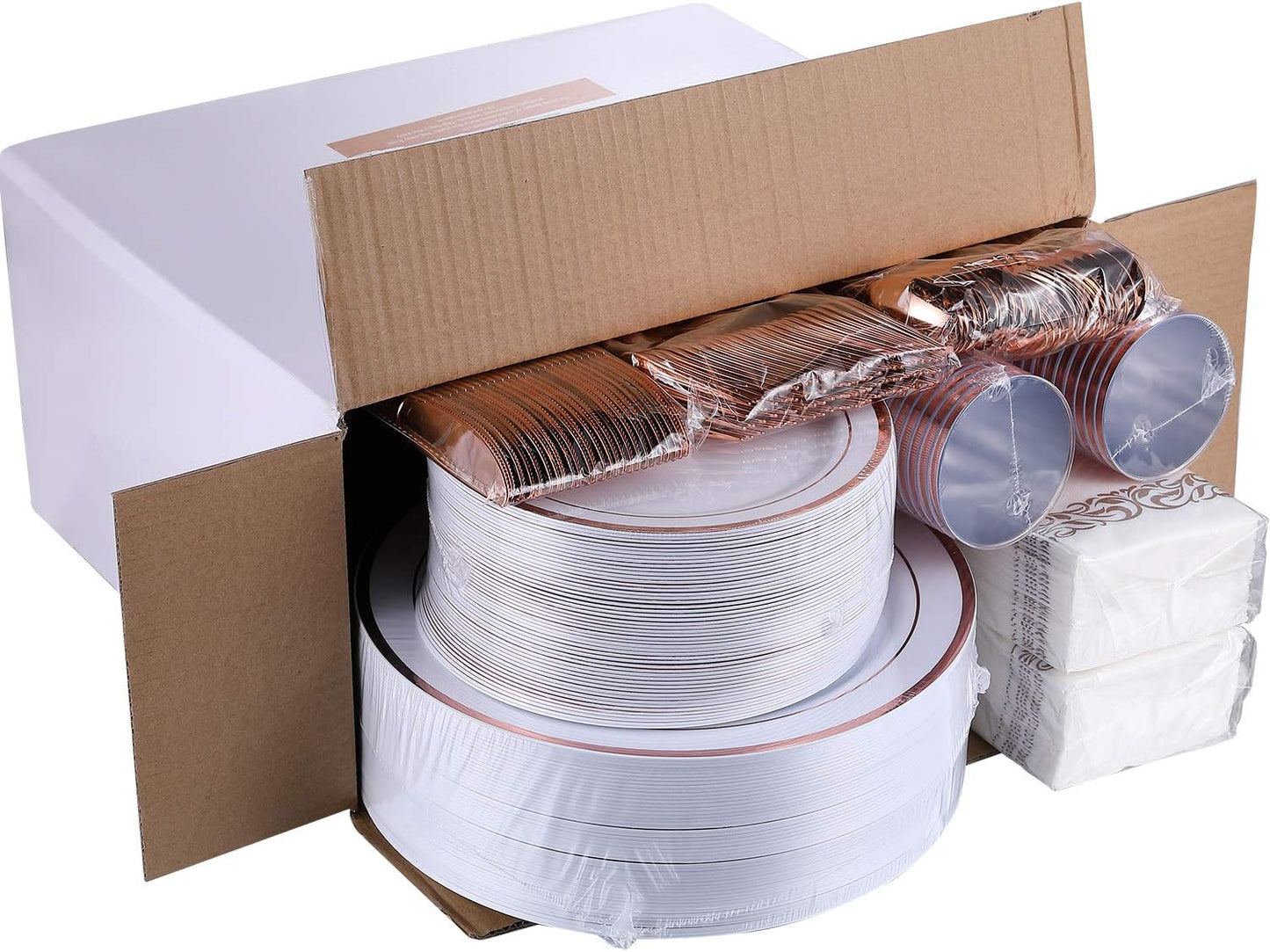 FOCUSLINE 350 Ct Disposable Dinnerware Set for 50 Guests -Heavy Duty Plastic Plates with Rose Gold Rim, Includes 50 Dinner & Salad Plates, Cups, Napkins, Cutlery Set