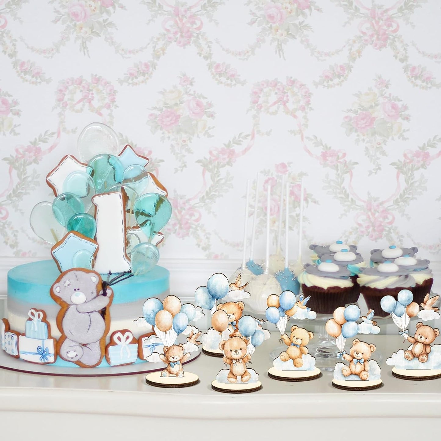 16 Pcs Wooden Baby Shower Table Centerpiece Blue Bear Tabletop Detachable Sign It's A Boy Gender Reveal Table Toppers Display Decoration Bear Birthday Photo Props Party Favor Supplies