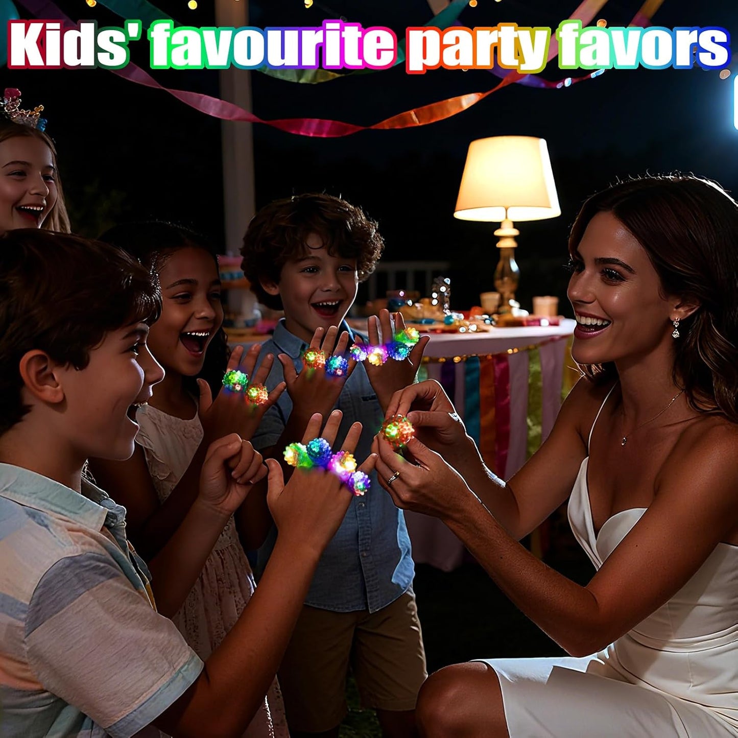 48/108 Pcs LED Light Up Ring - Glow in the Dark Party Favors, Soft Jelly Toy Rings Finger Lights in Treasure Box, Bulk Prize Gift for Kids & Adults (6 Colors)