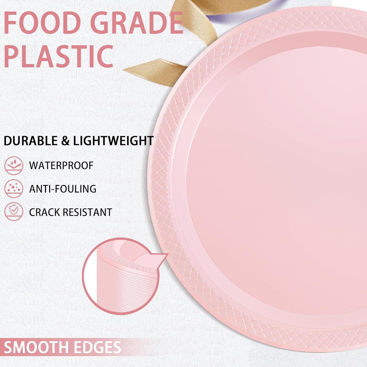 WELLIFE Pink Plastic Plates 9 Inch -150 Count for Party, Disposable Plastic Party Plates for Easter Mother's Day Baby Shower Dinner Dessert Cake Light Pink