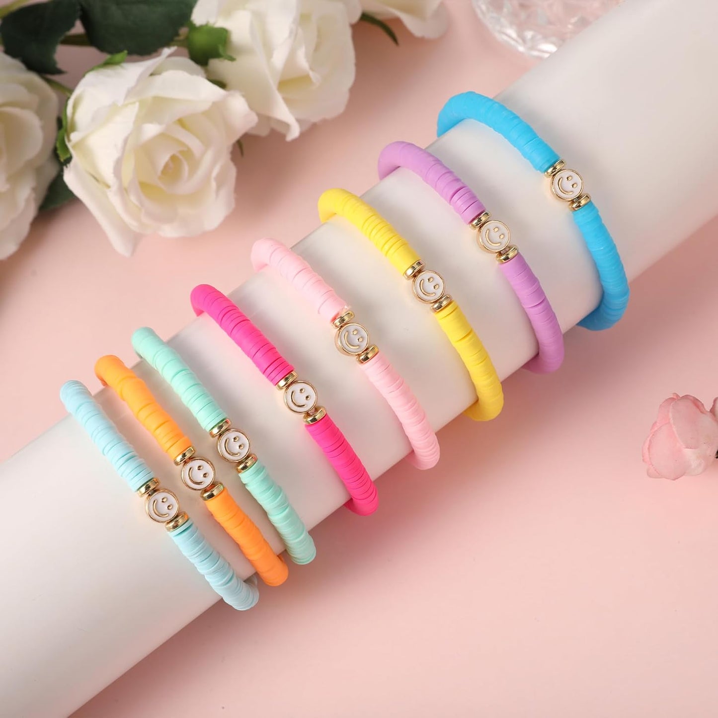 Preppy Bracelets Set Colorful White Gold Smile Heart Star Polymer Beaded Pearl Clay Stackable Charm Y2K Kidcore Aesthetic Summer Beach Bohemian Stretch Layering Bracelets Jewelry for Girls Women Teens