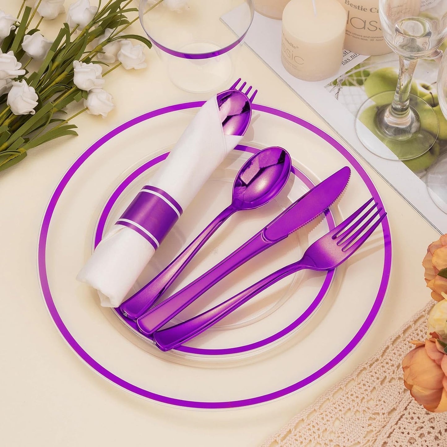 350PCS Clear and Purple Disposable Plates Set for 50 Guests, 100 Plastic Plates, 50 Plastic Cups, 50 Pre-Rolled Napkins with Cutlery for Party, Birthday, Wedding, Thanksgiving, Christmas