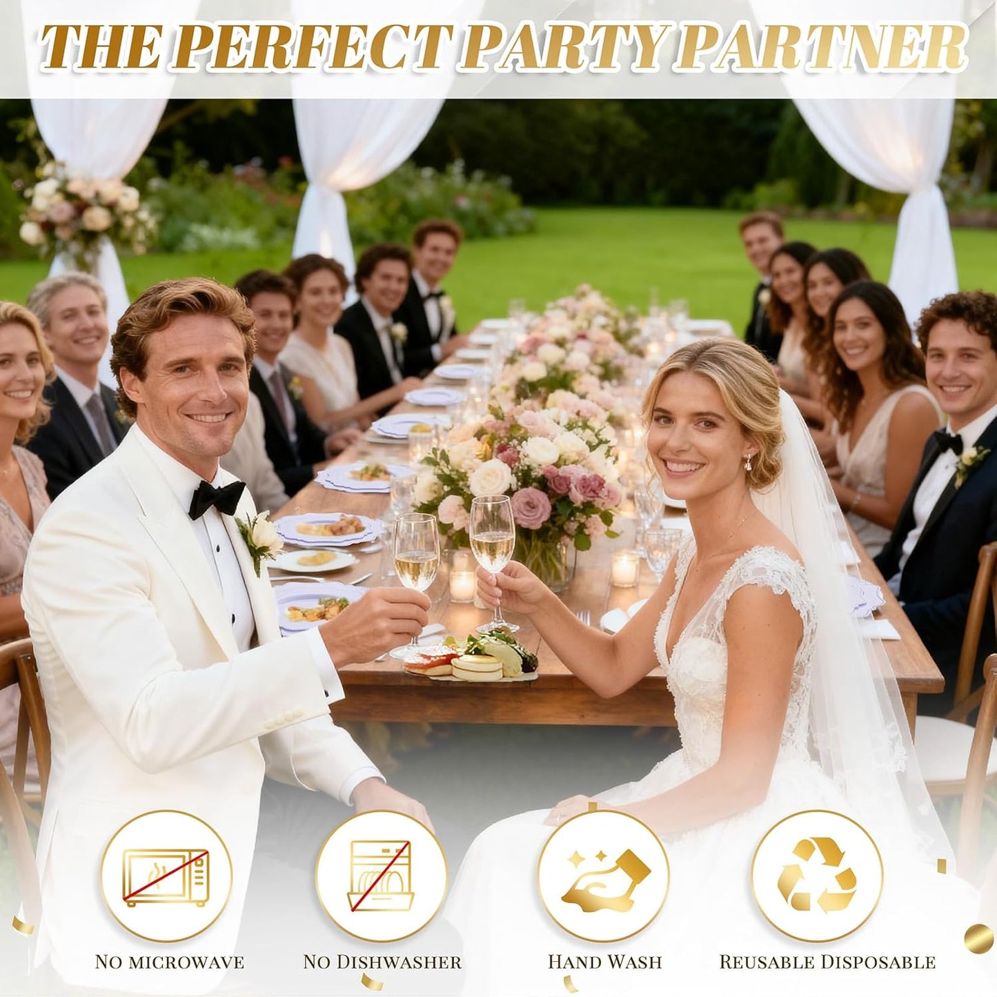 COLOSUS 100 pcs White Plastic Plates Set,Fancy Beaded Plates-European Retro plates include 50 dinner plates and 50 dessert plates,Plastic Disposable plates for Halloween,Thanksgiving,BBQ and Party