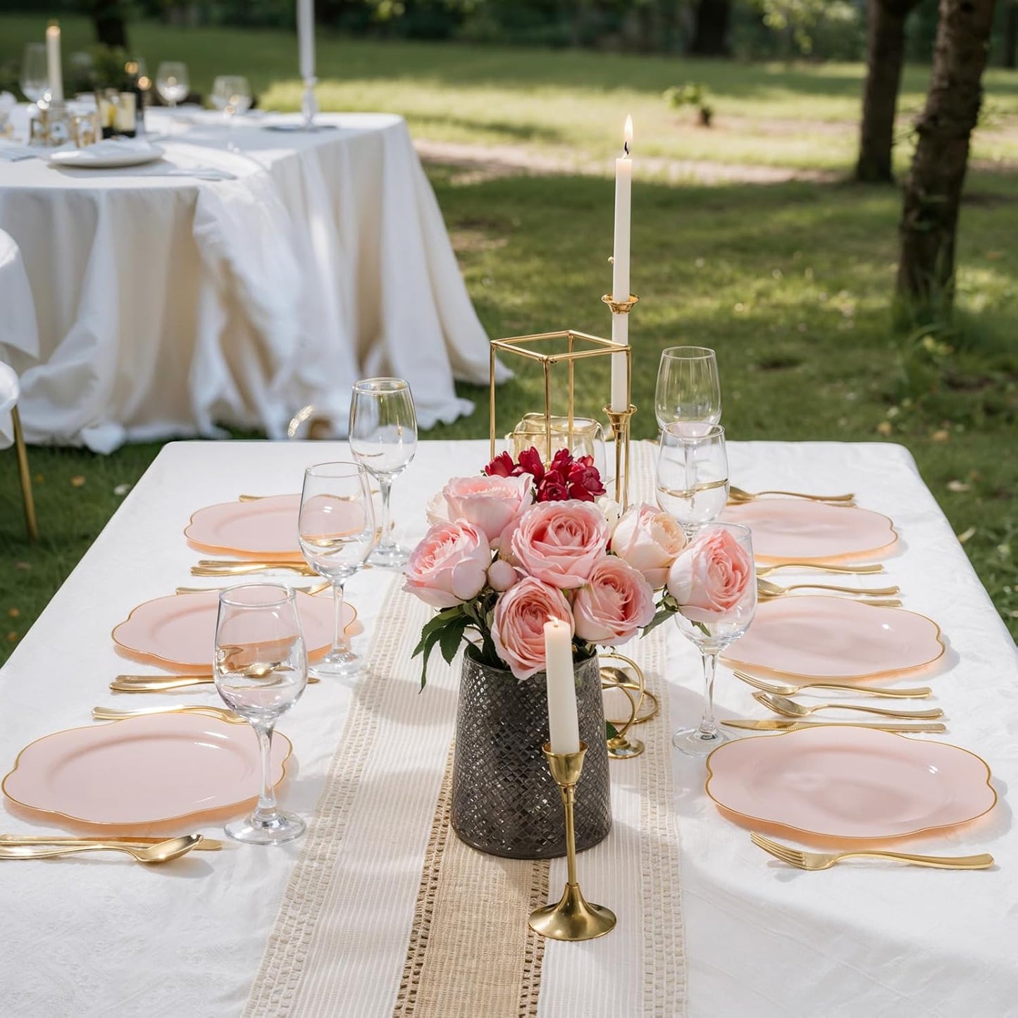 Liacere 100PCS Pink Plastic Plates - Plastic Dinner Plates - Floral Disposable 10inch Heavy Duty Pink and Gold Dinner Plates, Perfect for Wedding & Party & Holiday