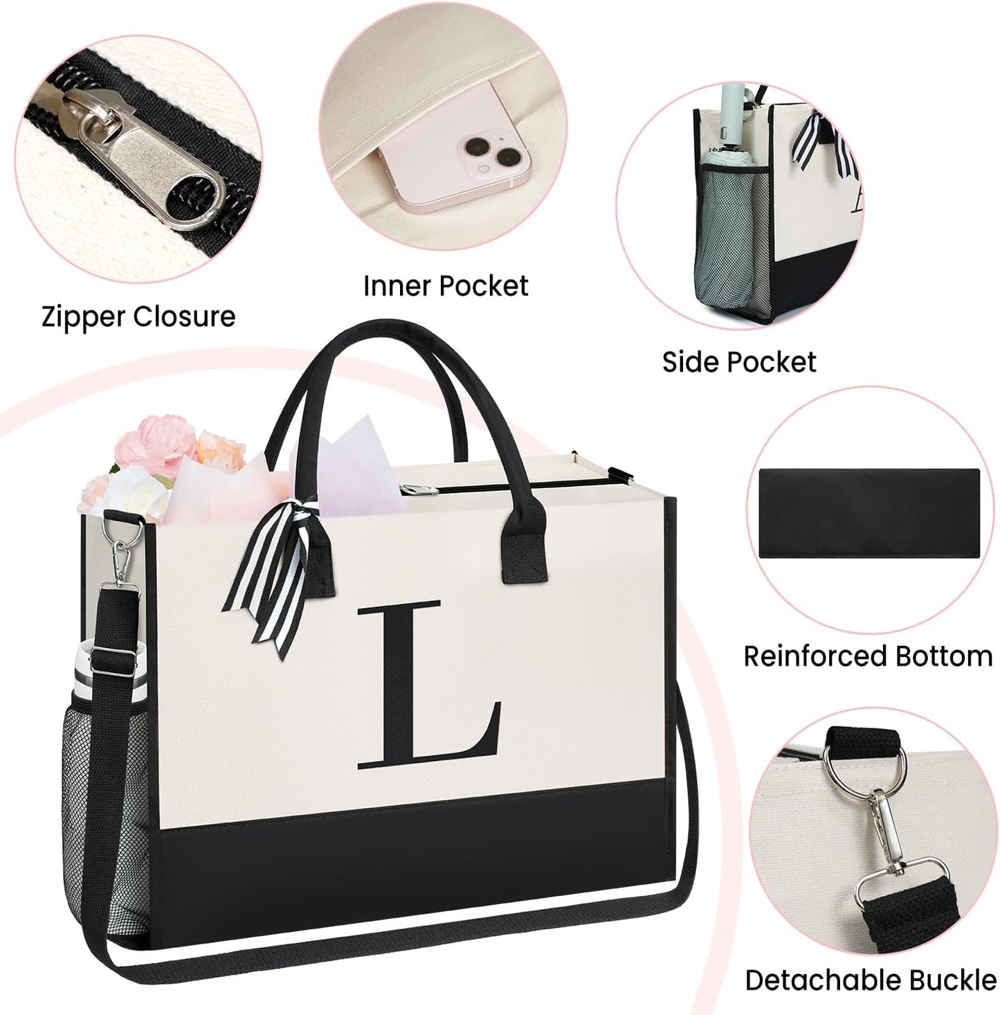 BAGAIL Initial Tote Bag, Personalized Birthday Gifts for Women, Teacher, Friends, Mom, Wedding, Monogrammed Beach Bag