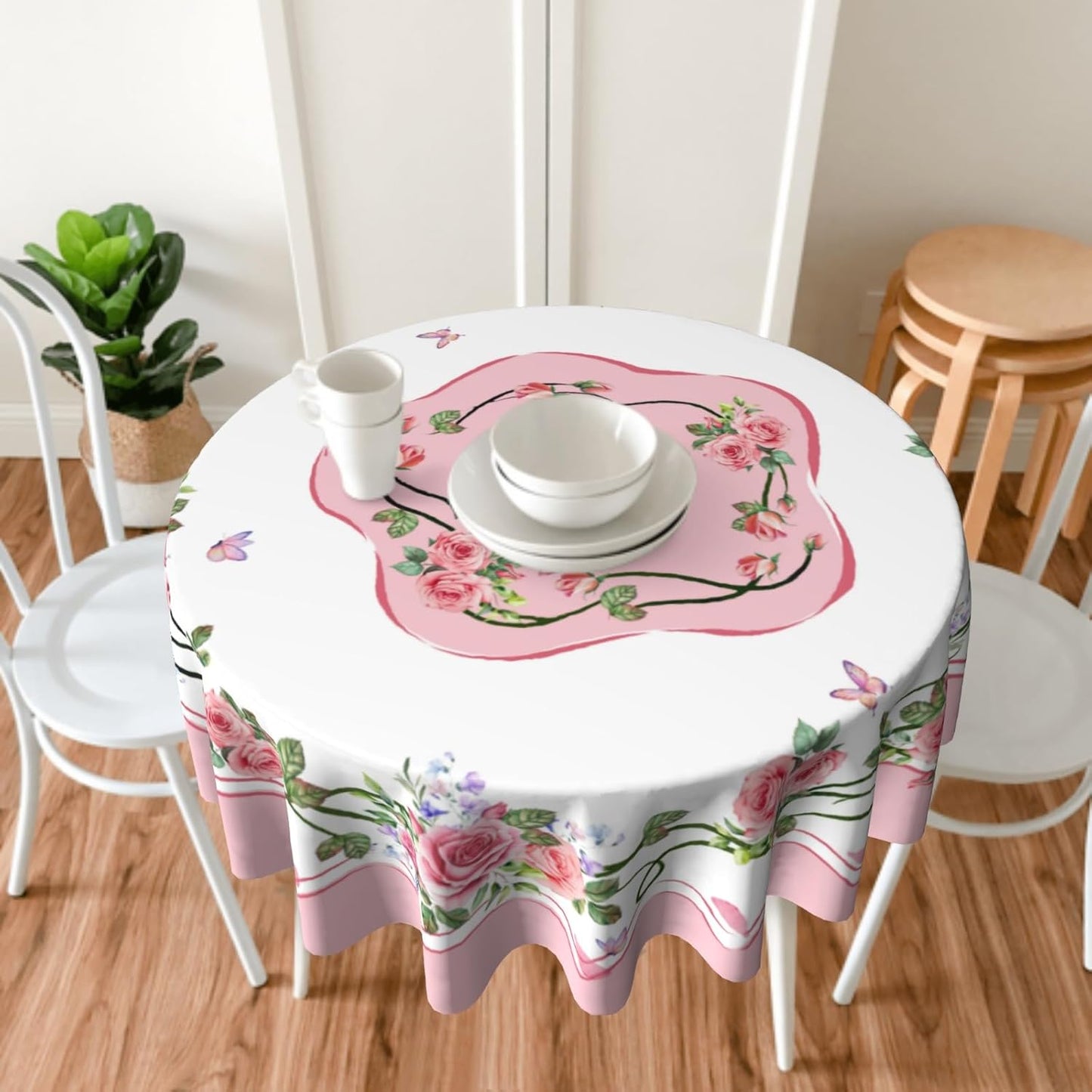 Giwawa Rose Flower Round Tablecloth 60Inch Valentines Day Pink Floral Butterflies Table Cover Romantic Spring Kitchen Dining Polyester Stain Resistant Table Cloth for Holiday Party Picnic Decor