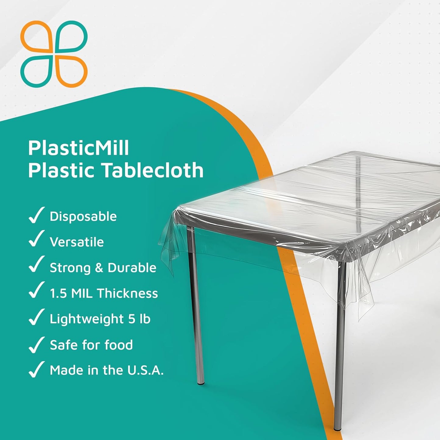 PlasticMill Clear Plastic Table Cover - Clear Plastic Table Cloth - Dining Table Protector Cover - Tablecloth for Rectangle Tables, 1.5 Mil, 66" W x 1,500" L (1-Pack)