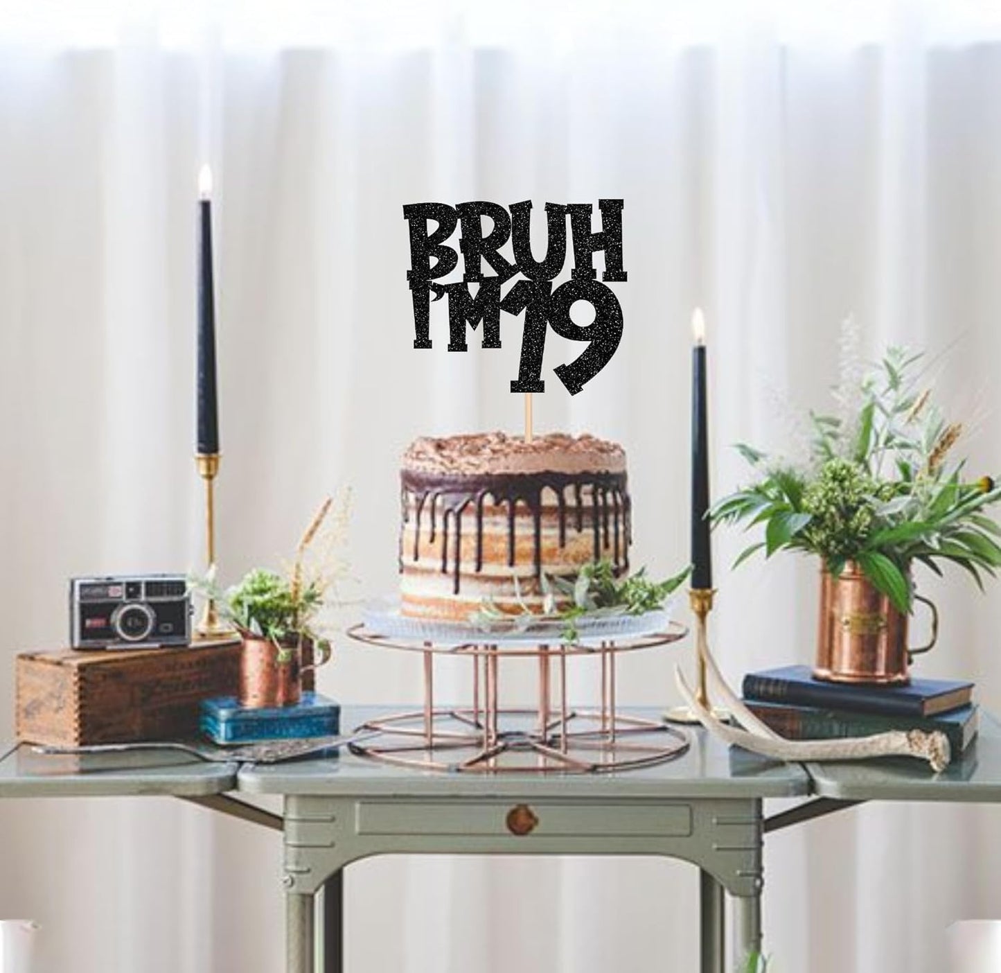 1 PCS Bruh I'm 19 Cake Topper Black Glitter Happy 19th Birthday Cake Pick Bro I'm 19 It's My 19th Birthday Cake Decoration for Cheers to 19 Years Birthday Party Decorations Supplies