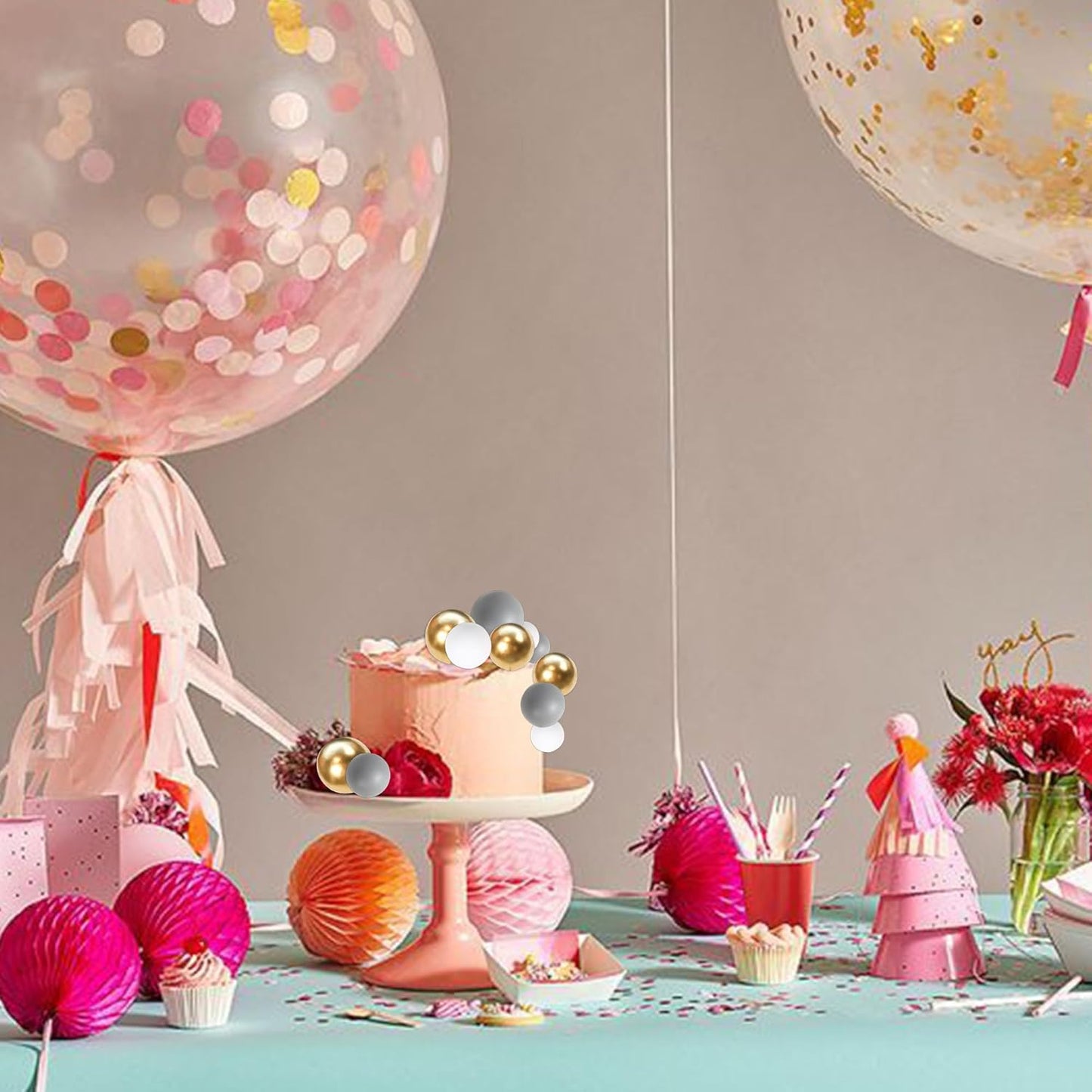 24 PCS Ball Cake Toppers Balls Cupcake Toppers Insert Foam Ball Cake Picks Mini Balloon Cake Decoration for Wedding Baby Shower Birthday Party Cake Decorations Supplies Dark Grey Gold White