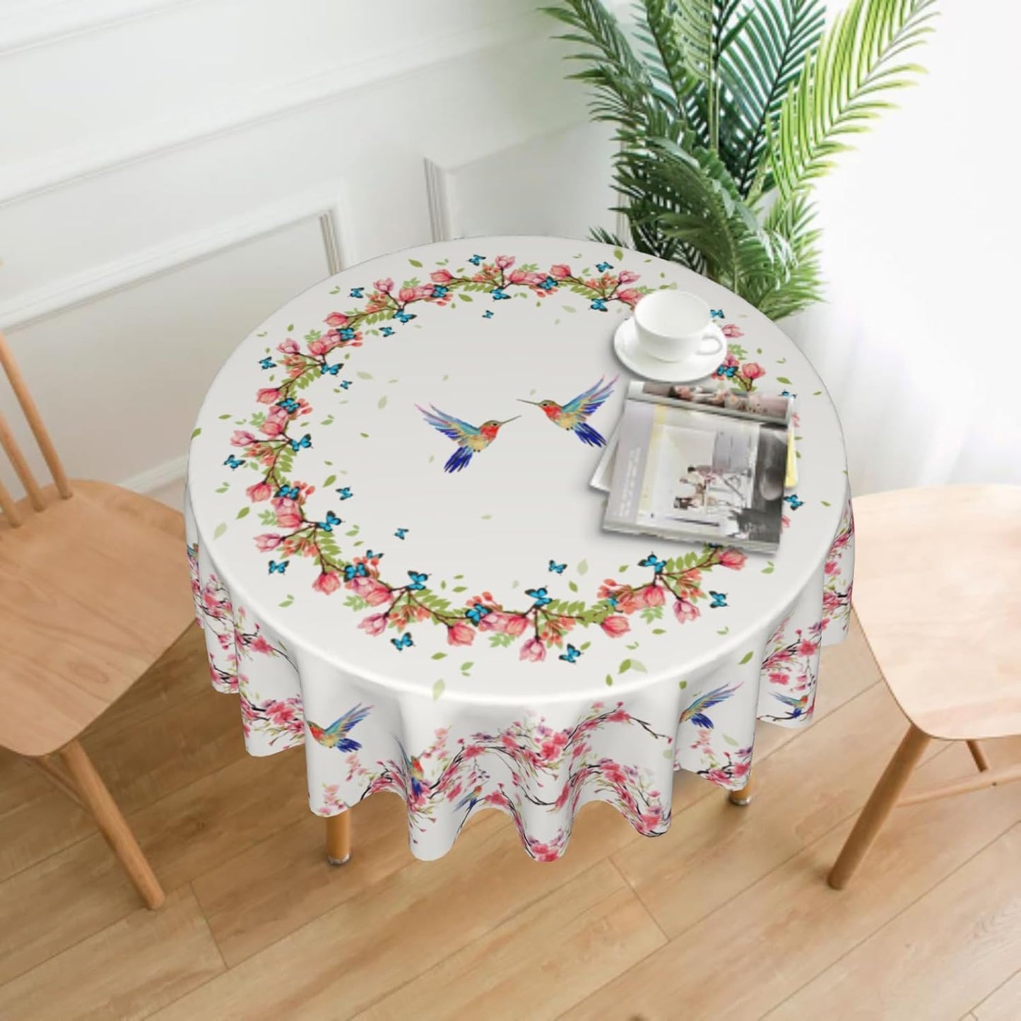 Giwawa Hummingbird Round Tablecloth 60 Inch, Spring Summer Flowers Butterflies Circle Table Cover, Colorful Floral Birds Wrinkle Heat Resistant Table Cloth for Kitchen Dining Farmhouse Decor