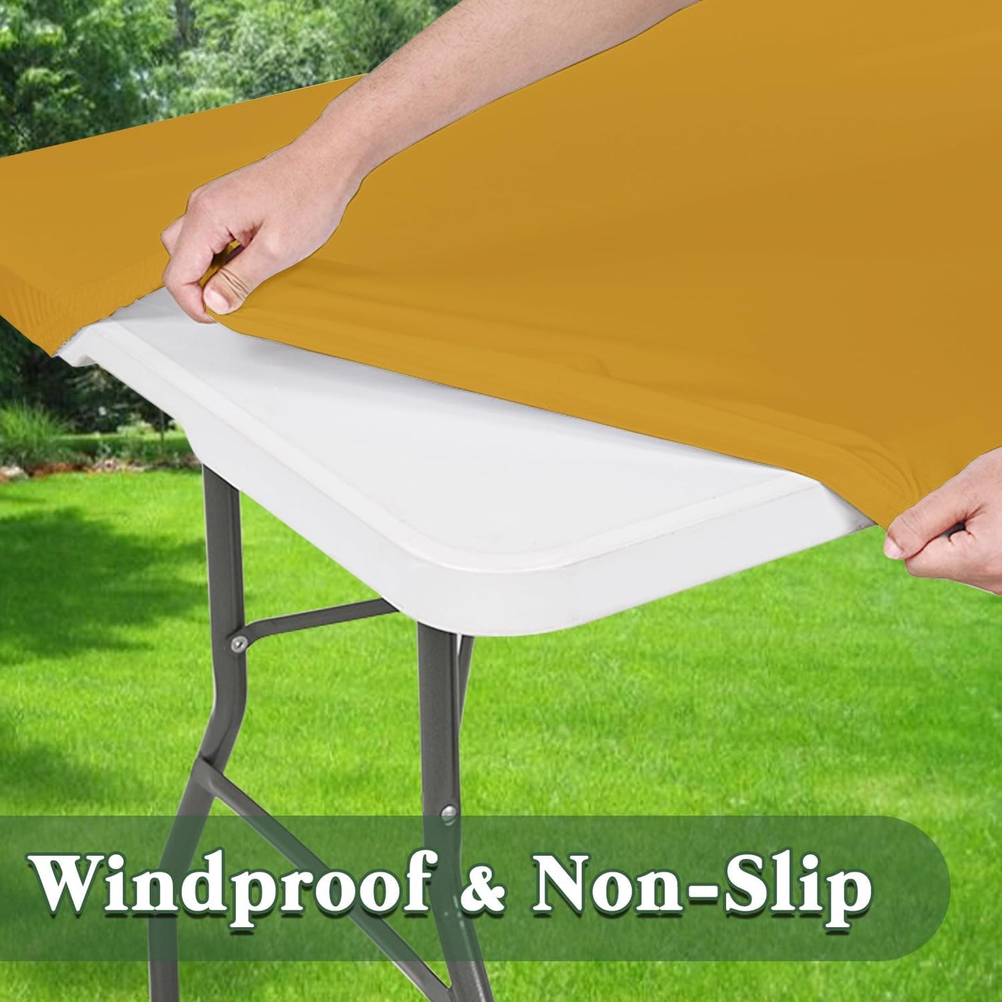 6 Pack 8 Foot Picnic Table Cover Fitted Outdoor Tablecloth for Rectangle Tables Elastic Waterproof Stretch Washable Patio Folding Spandex Table Cloth for Camping Banquet Parties (Mustard,30" x 96")