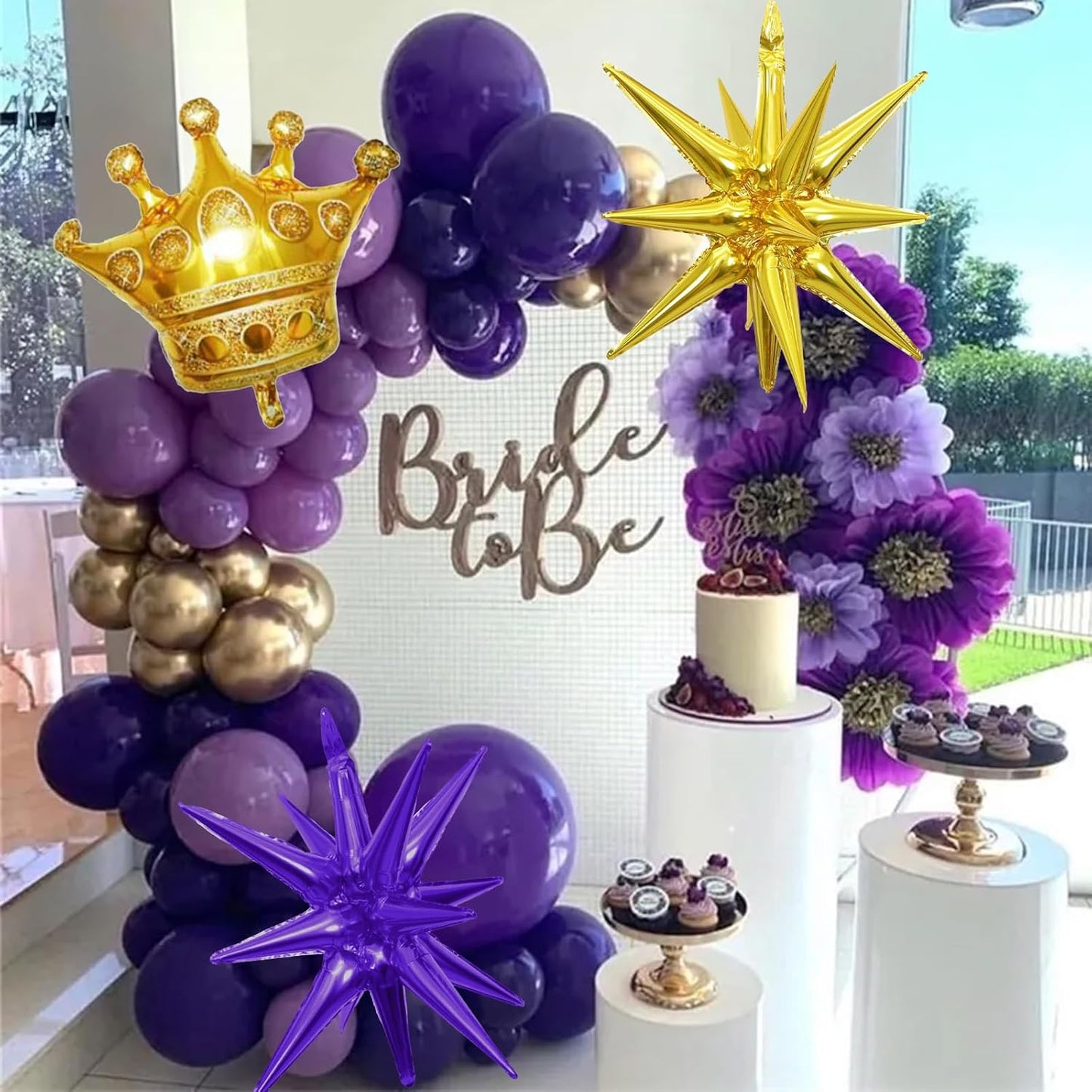 135 Pcs Graduation Balloons Arch Kit 2025 Congratulations Decorations, Purple Gold White Balloon Garland with Explosion Star Certificate Crown Foil Balloons for Class of 2025 Grad Prom Supplies Decor