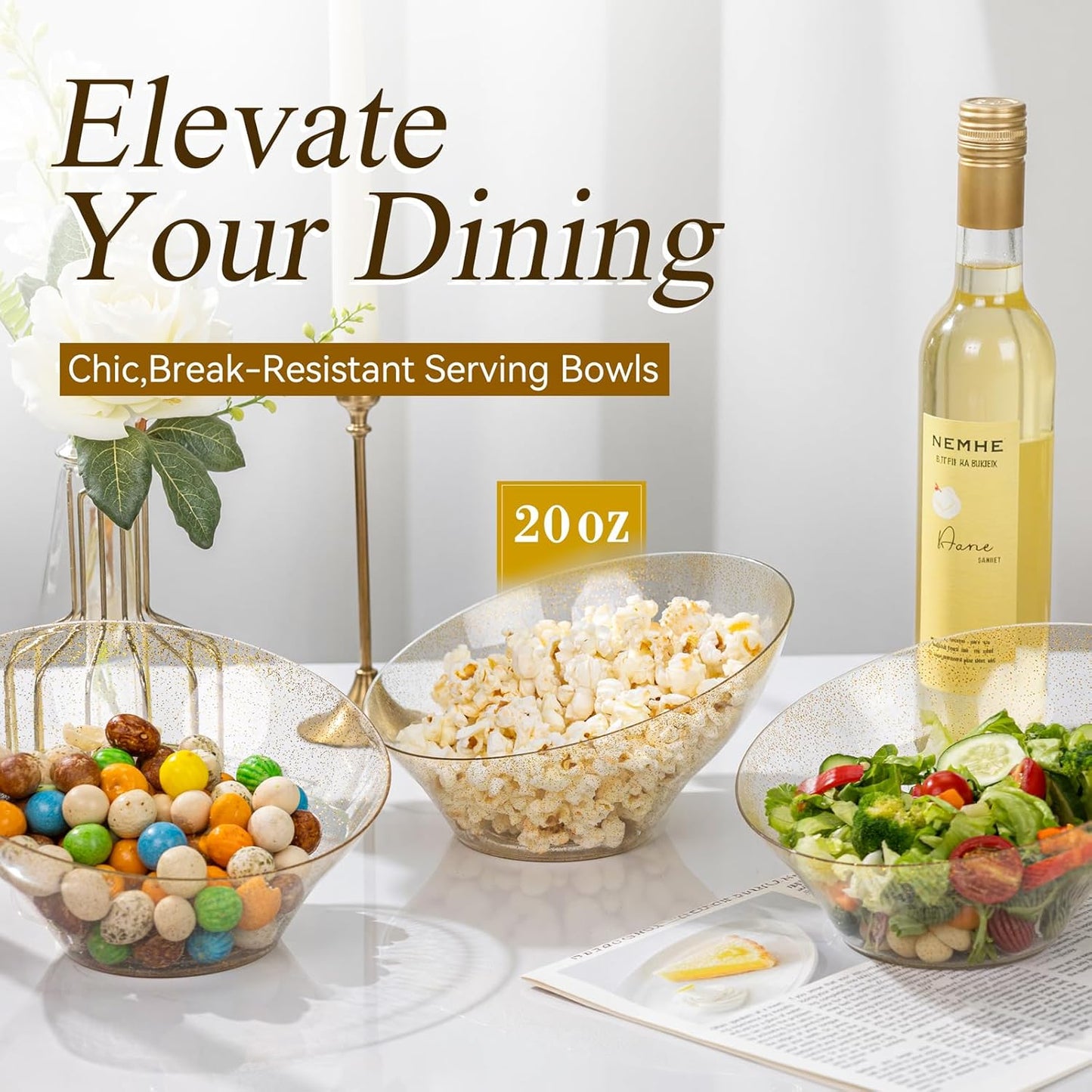 Liacere 16 Pack Gold Plastic Serving Bowls - 20 OZ Angled Party Table Salad and Fruit Bowls Disposable for Chip&Candy, Ideal for Wedding& Thanksgiving