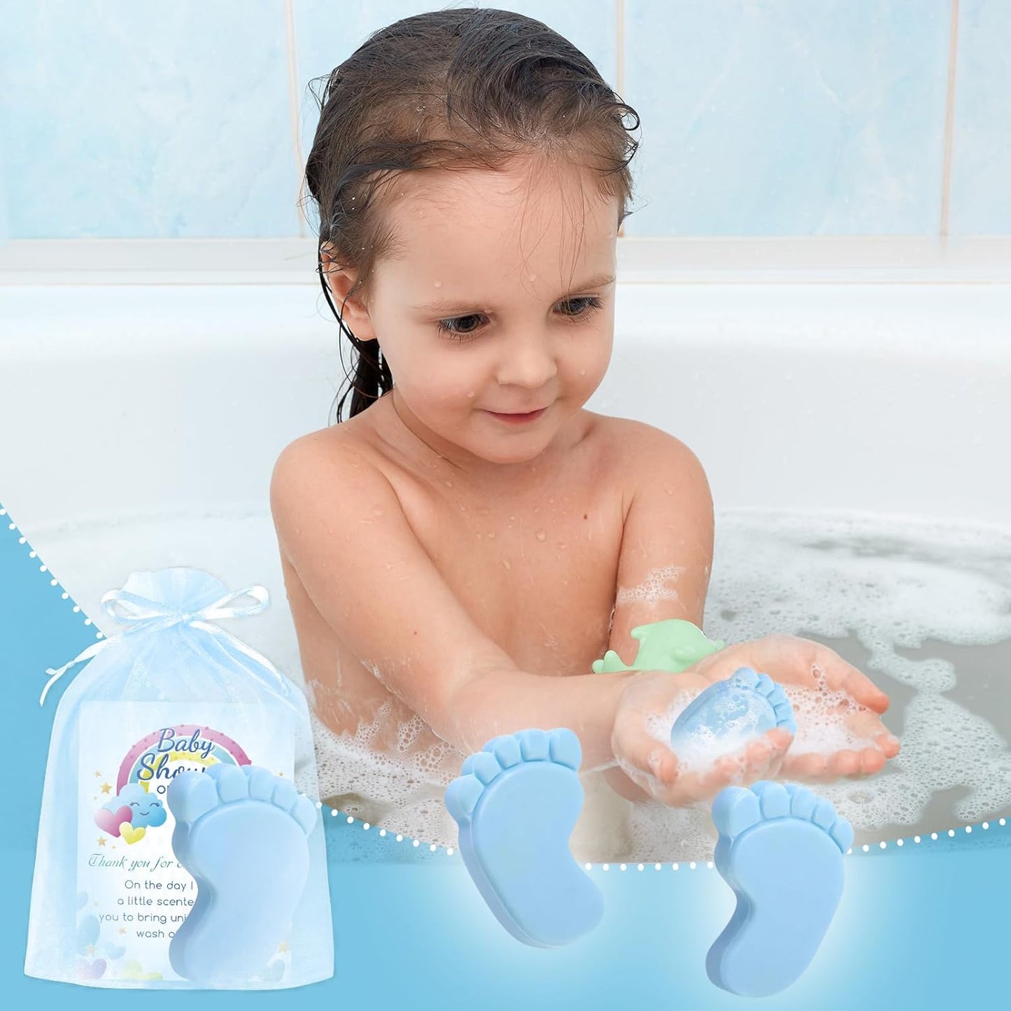 50 Sets Baby Shower Favors Refreshing Foot Soap Perfect Baby Shower Favors for Guests, Gifts, and Prizes with Organza Bags Thanks Cards (Blue)